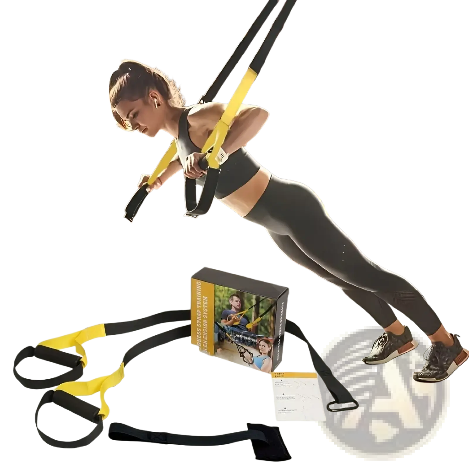 Yellow and black trx suspension training straps made of durable material for full body resistance band workouts