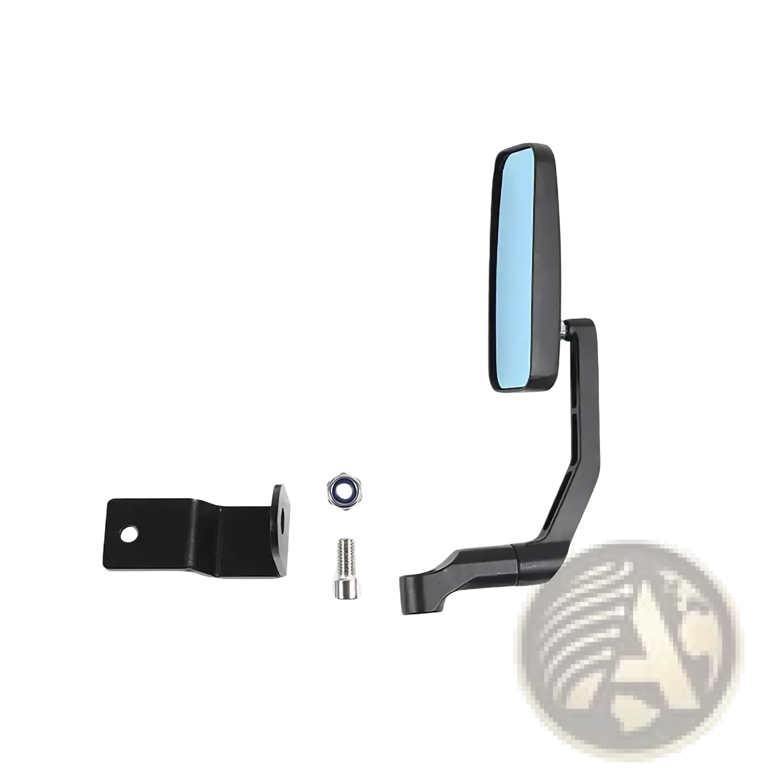 Black Suzuki Jimny hood rearview mirror 2019+ with rectangular reflective surface and curved mounting arm shown from back side