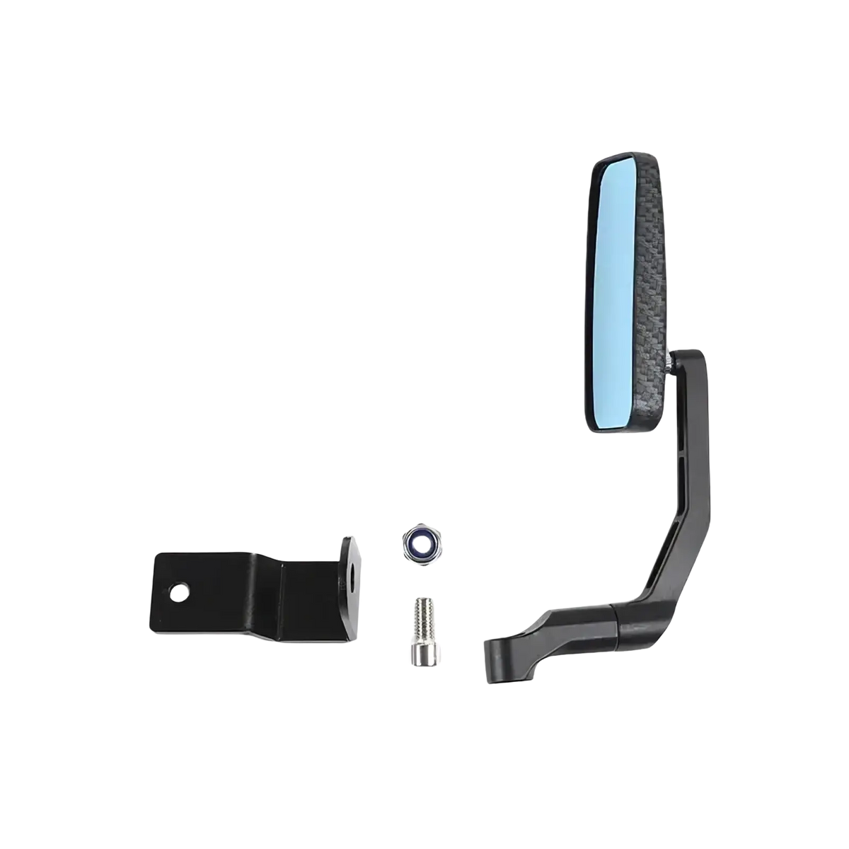 Suzuki Jimny hood rearview mirror 2019+ black carbon fiber texture with blue-tinted reflective surface and matching bracket back view