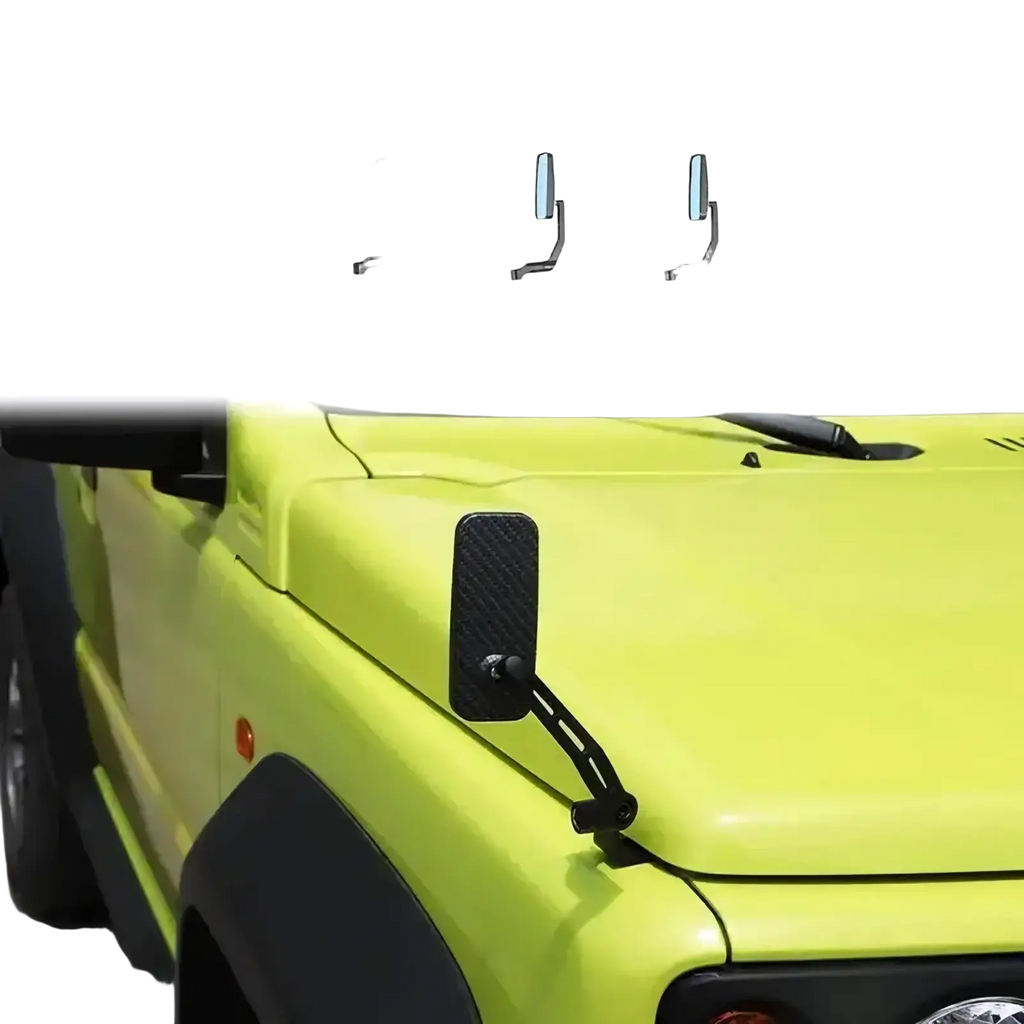 Black carbon fiber-textured side mirror for suzuki jimny 2019+ shown from the back side for hood rearview use