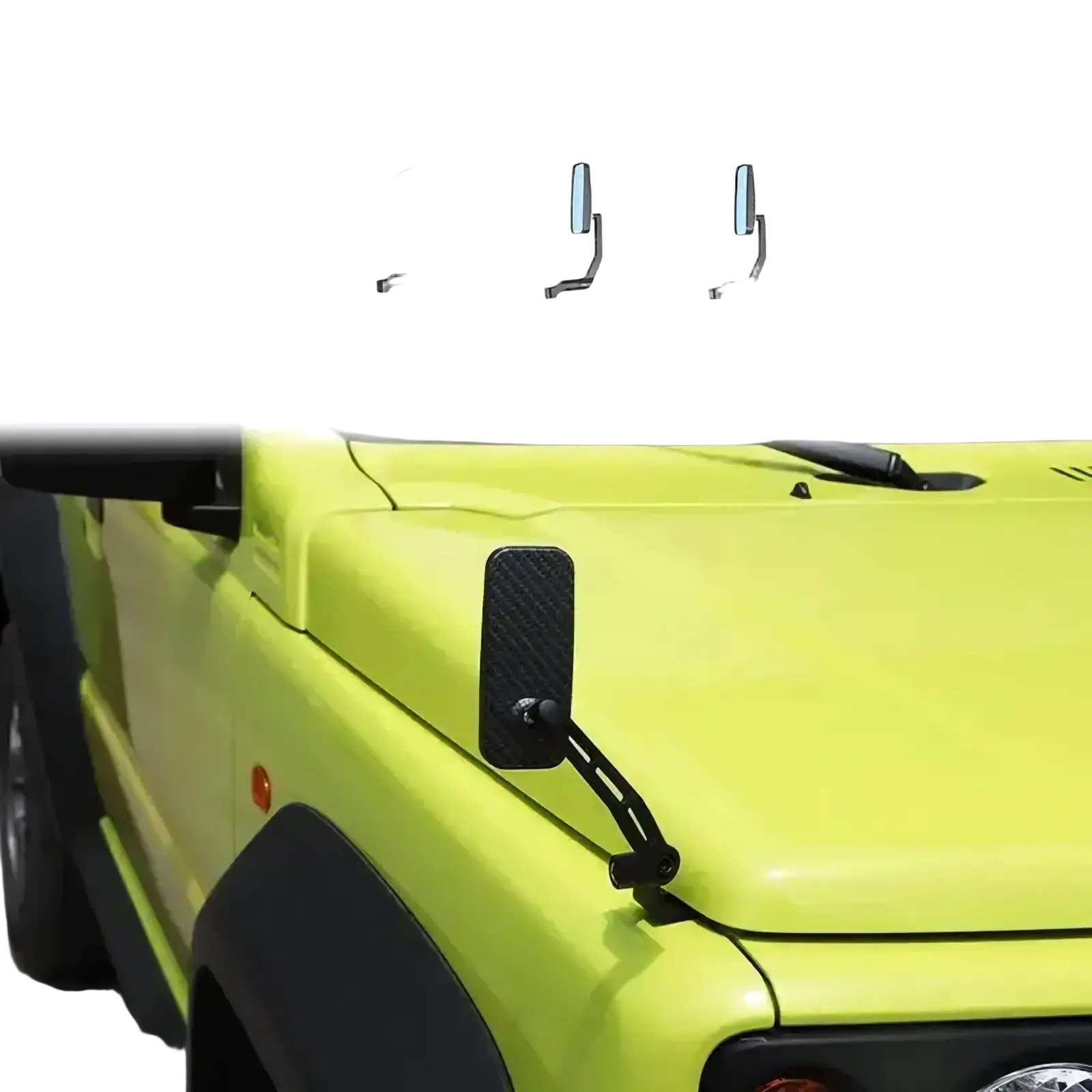 Black carbon fiber-textured side mirror for suzuki jimny 2019+ shown from the back side for hood rearview use
