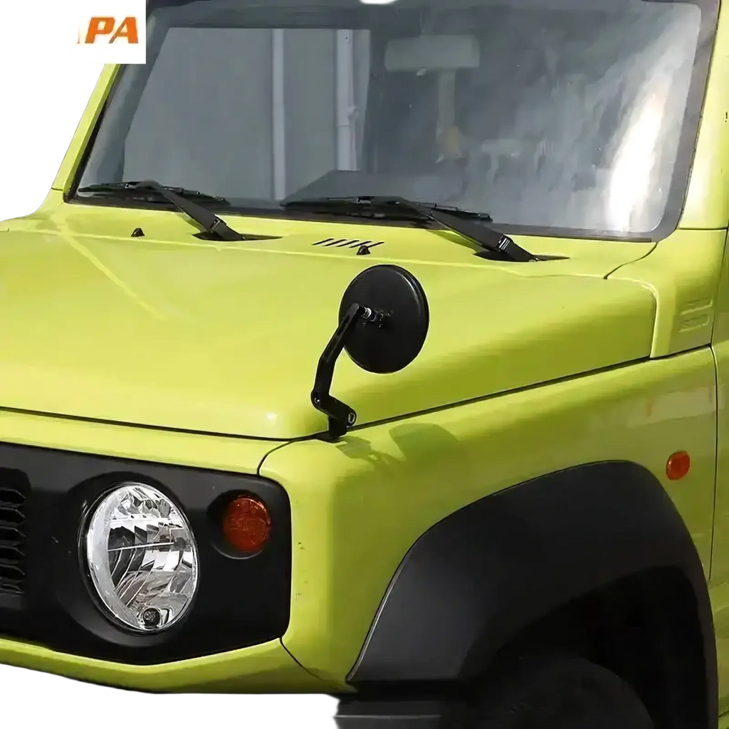 Black circular side mirror with curved arm mounted on lime green Suzuki Jimny 2019+ front fender for hood rearview use