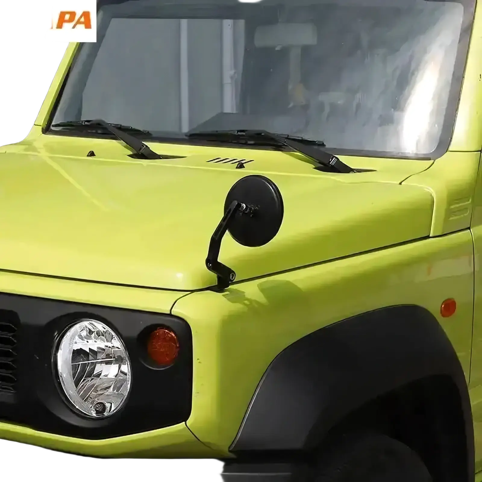 Black circular side mirror with curved arm mounted on lime green Suzuki Jimny 2019+ front fender for hood rearview use