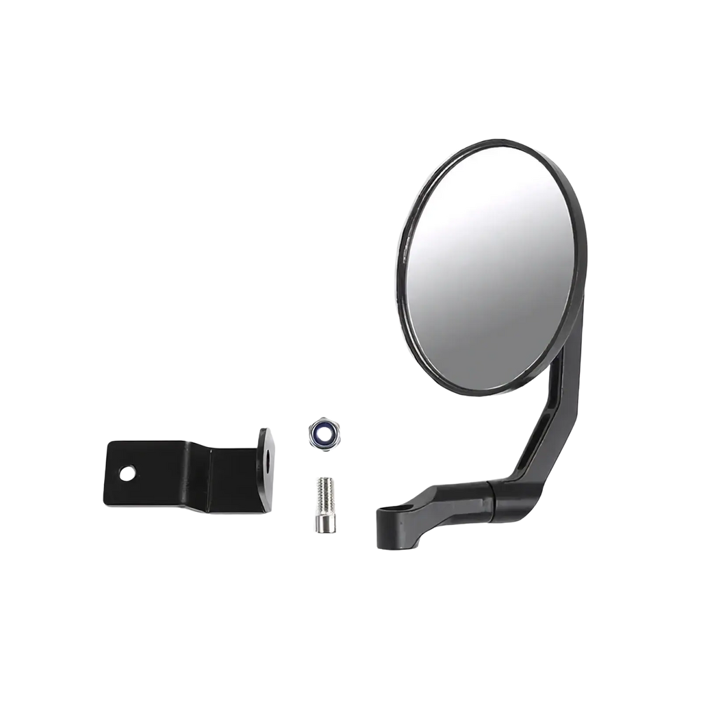 Black circular Suzuki Jimny hood rearview mirror 2019+ with sleek curved arm and mounting bracket visible from back side