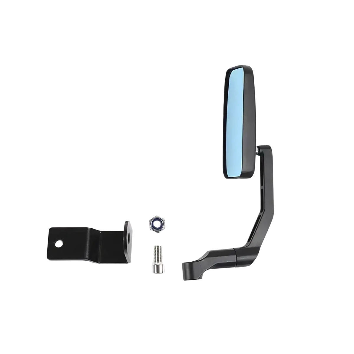 Black Suzuki Jimny hood rearview mirror 2019+ with rectangular reflective surface and curved mounting arm shown from back side