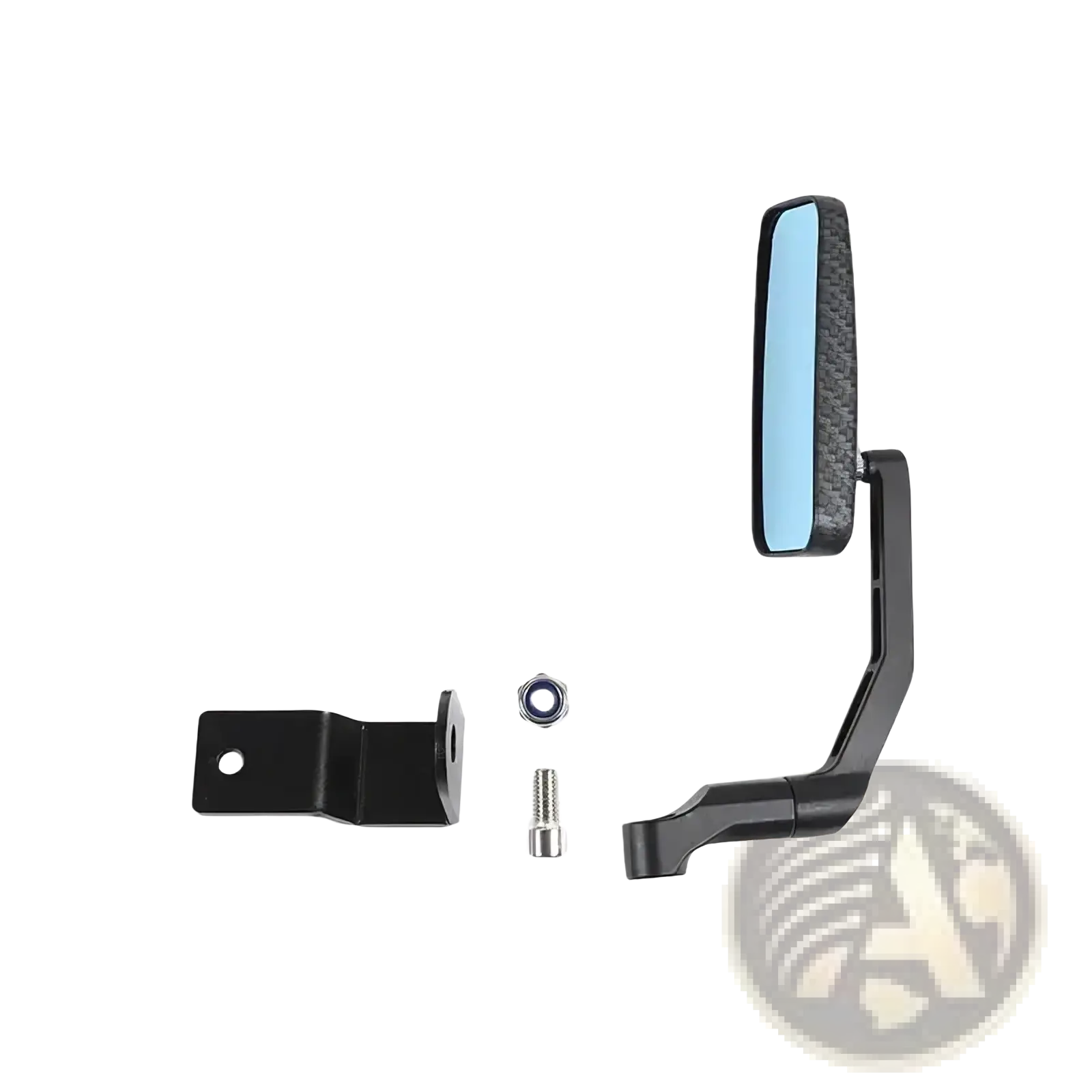 Suzuki Jimny hood rearview mirror 2019+ black carbon fiber texture with blue-tinted reflective surface and matching bracket back view
