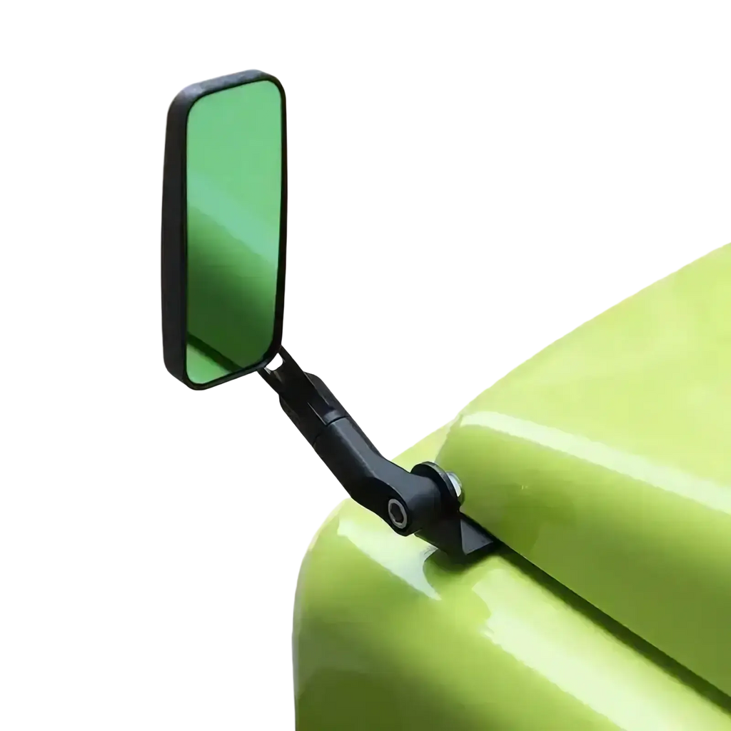 Green-tinted rectangular Suzuki Jimny hood rearview mirror 2019+ with black plastic housing and adjustable arm mounted on lime vehicle