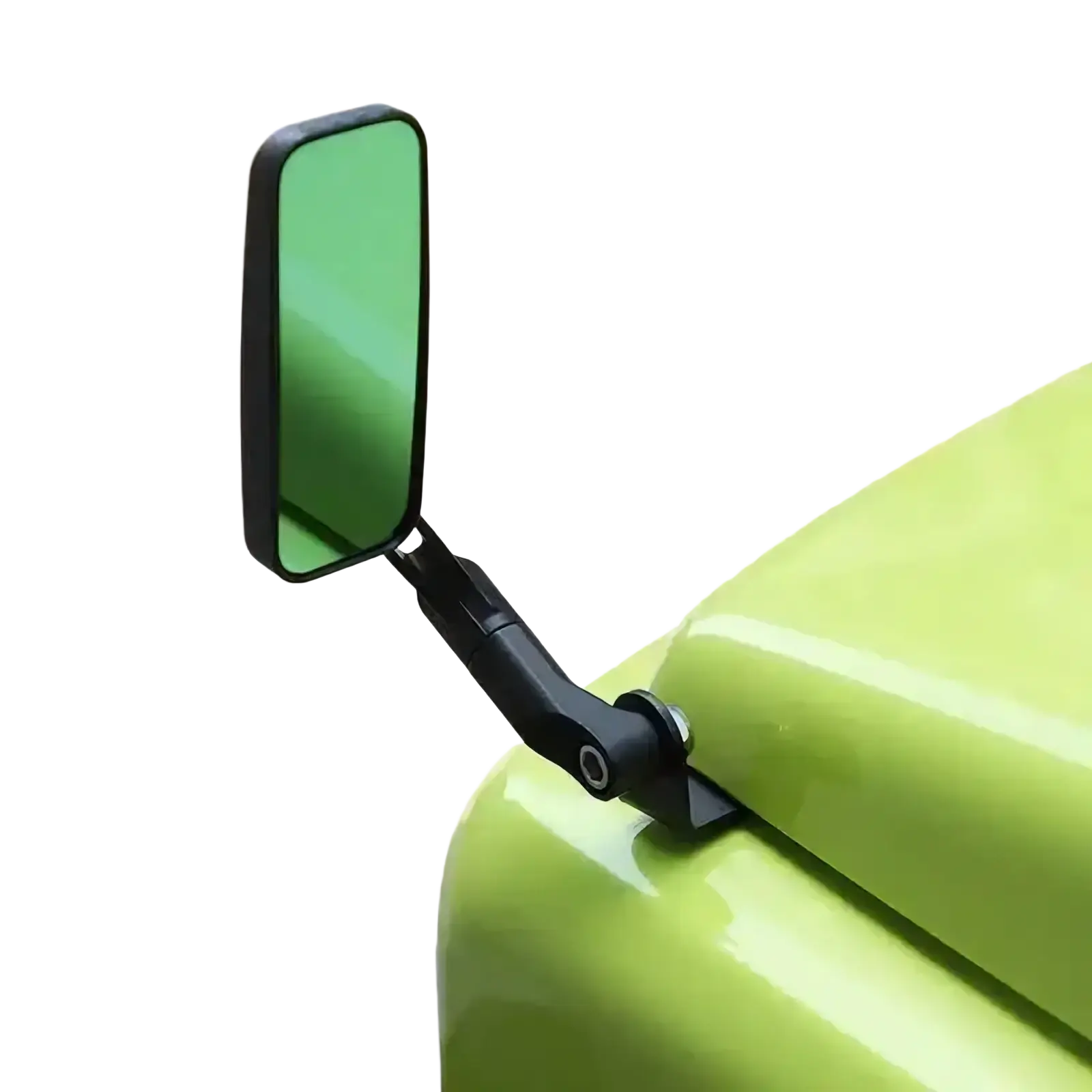 Green-tinted rectangular Suzuki Jimny hood rearview mirror 2019+ with black plastic housing and adjustable arm mounted on lime vehicle