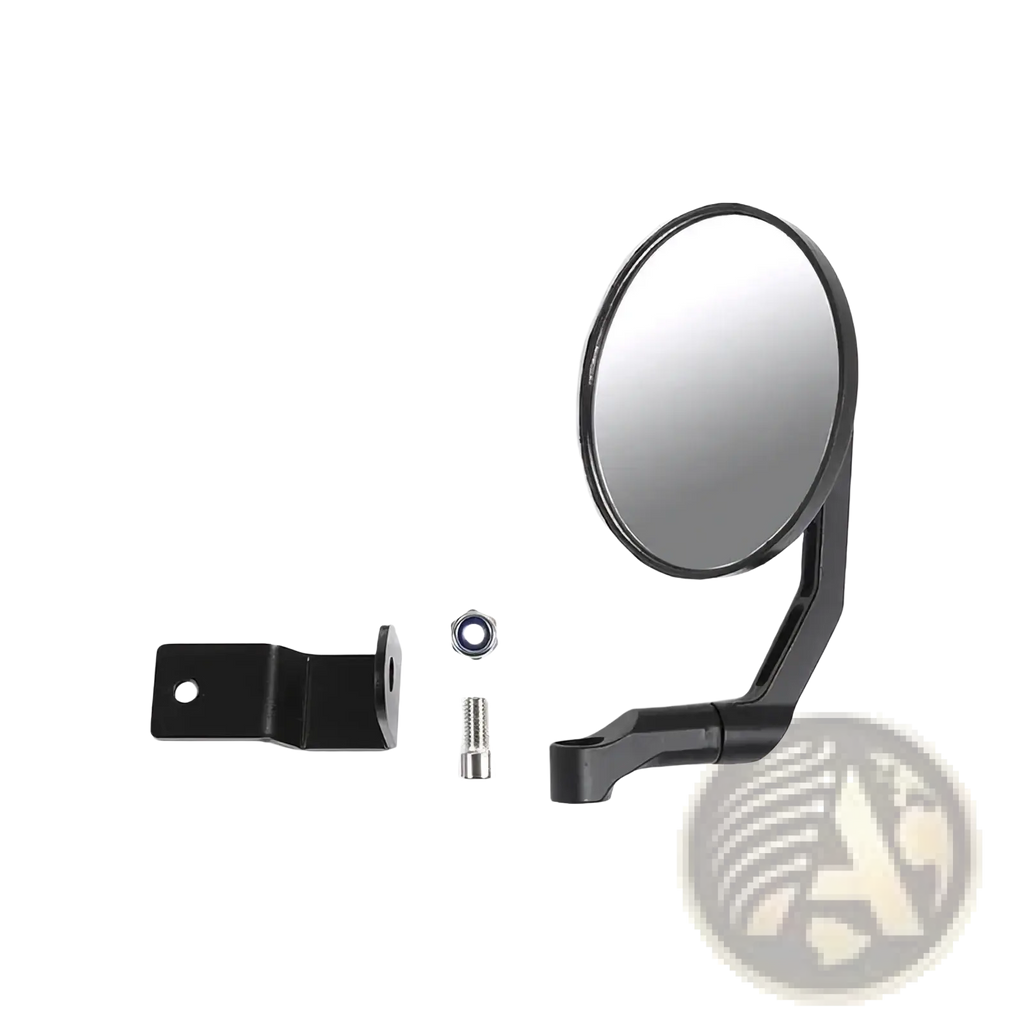 Black circular Suzuki Jimny hood rearview mirror 2019+ with sleek curved arm and mounting bracket visible from back side