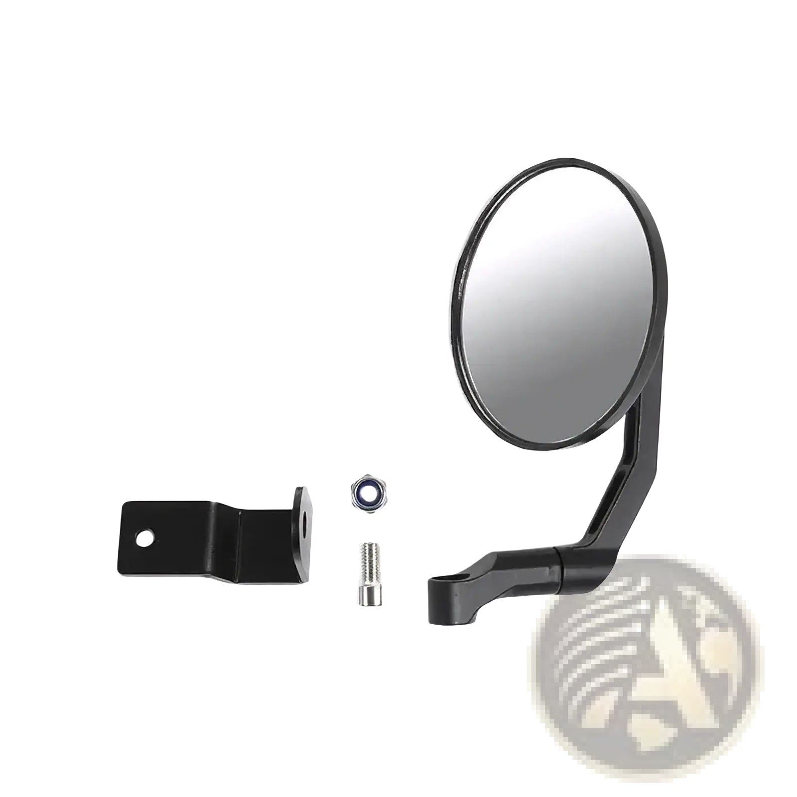 Black circular Suzuki Jimny hood rearview mirror 2019+ with sleek curved arm and mounting bracket visible from back side
