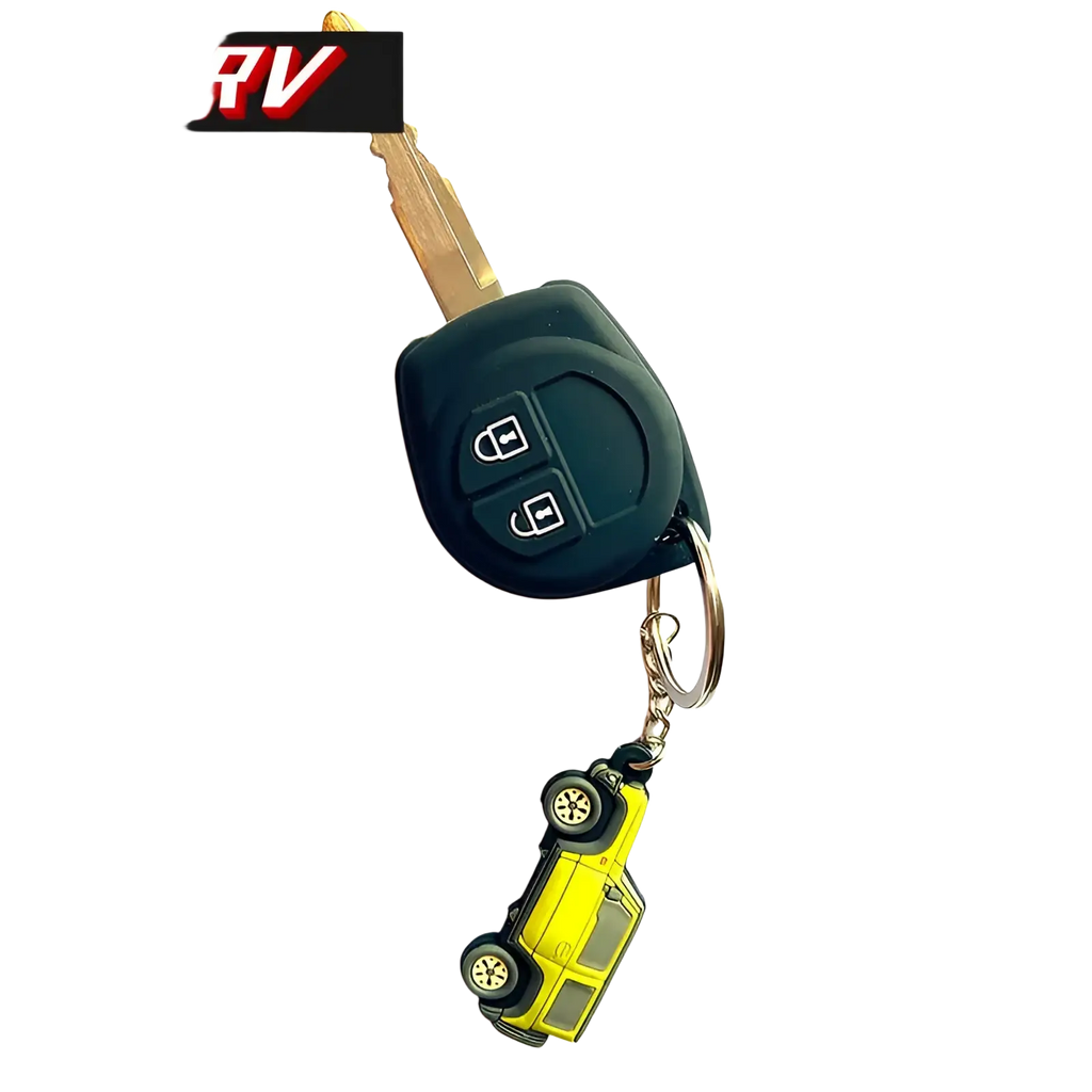 Black Suzuki Jimny rubber keychain jb64 jb74 with two-button car key fob and yellow toy van charm attached