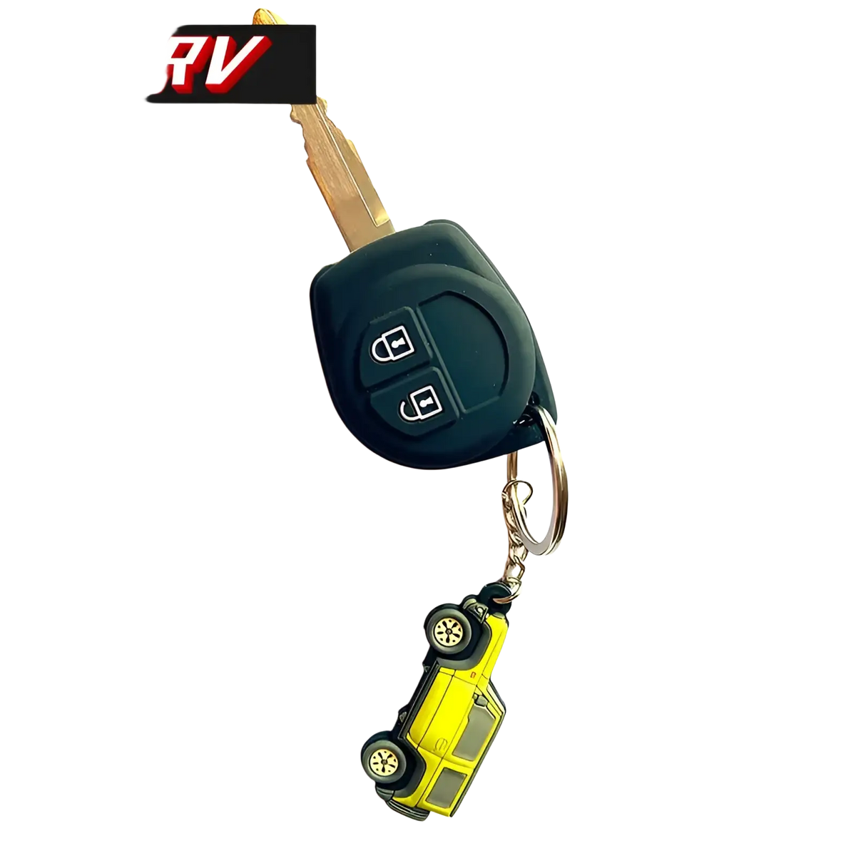 Black Suzuki Jimny rubber keychain jb64 jb74 with two-button car key fob and yellow toy van charm attached