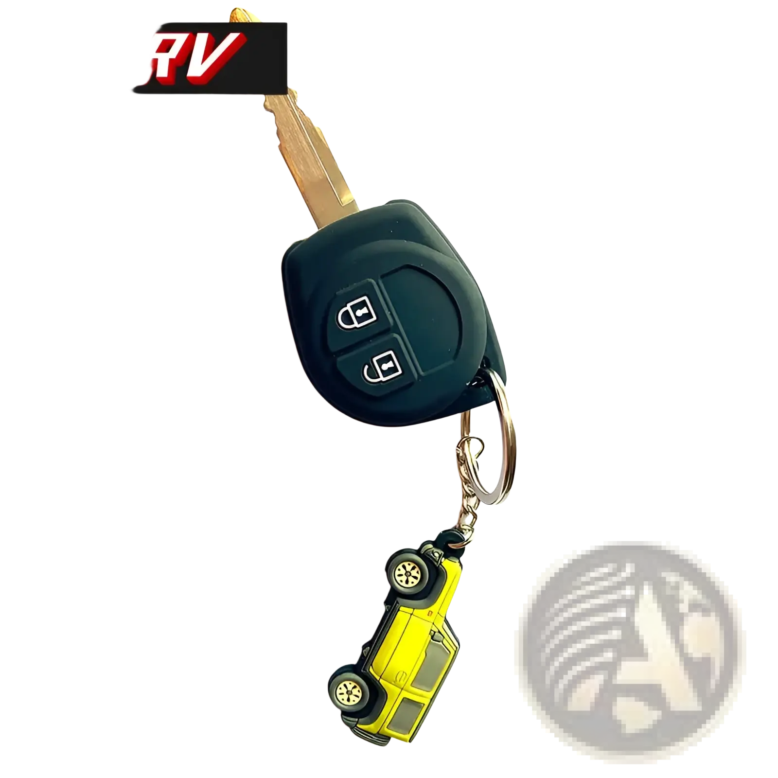 Black Suzuki Jimny rubber keychain jb64 jb74 with two-button car key fob and yellow toy van charm attached