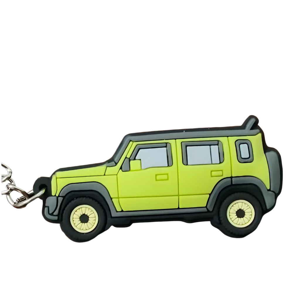 Bright lime green and black rubber Suzuki Jimny rubber keychain shaped like JB64 JB74 SUV for everyday use