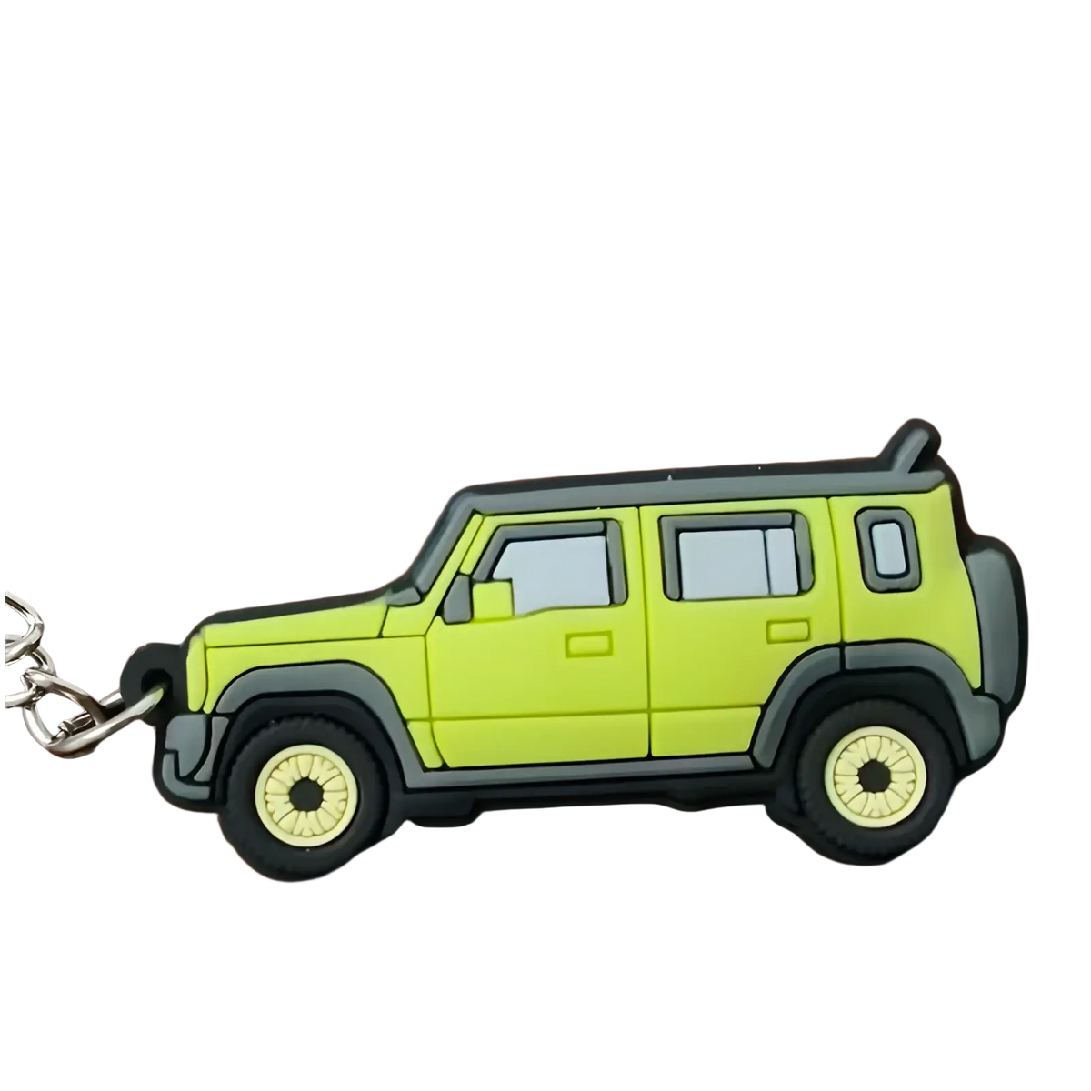 Bright lime green and black rubber Suzuki Jimny rubber keychain shaped like JB64 JB74 SUV for everyday use