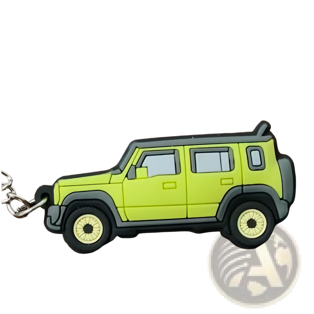 Bright lime green and black rubber Suzuki Jimny rubber keychain shaped like JB64 JB74 SUV for everyday use