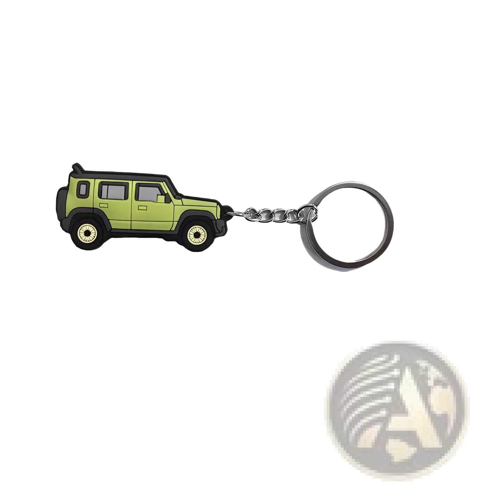 Lime green rubber Suzuki Jimny Jb64 Jb74 jeep keychain with black trim and silver chain accessory