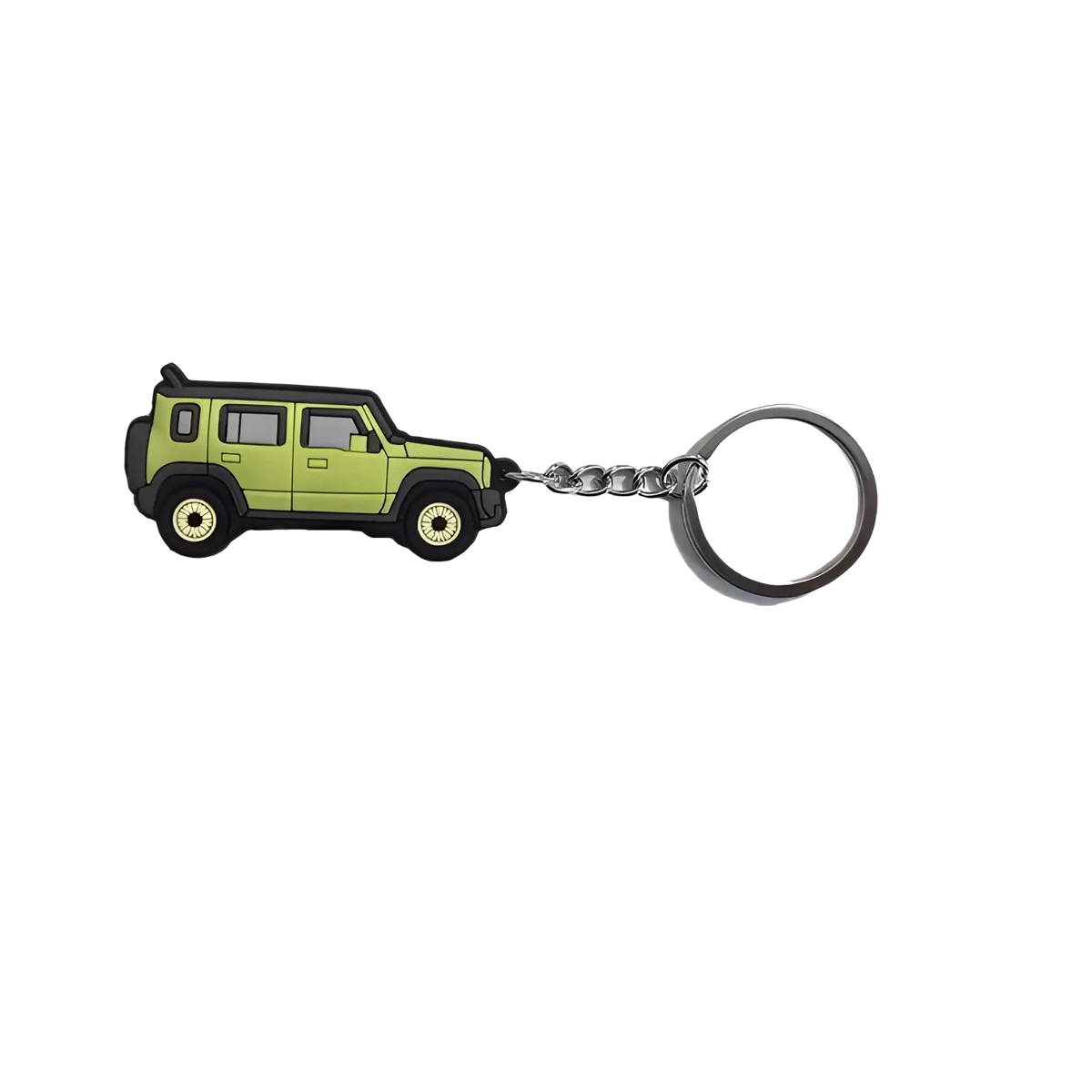 Lime green rubber Suzuki Jimny Jb64 Jb74 jeep keychain with black trim and silver chain accessory