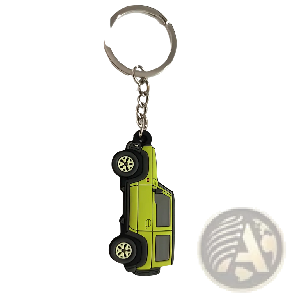Lime green and black rubber suzuki jimny jb64 jb74 keychain shaped like a compact suv shown from the back side