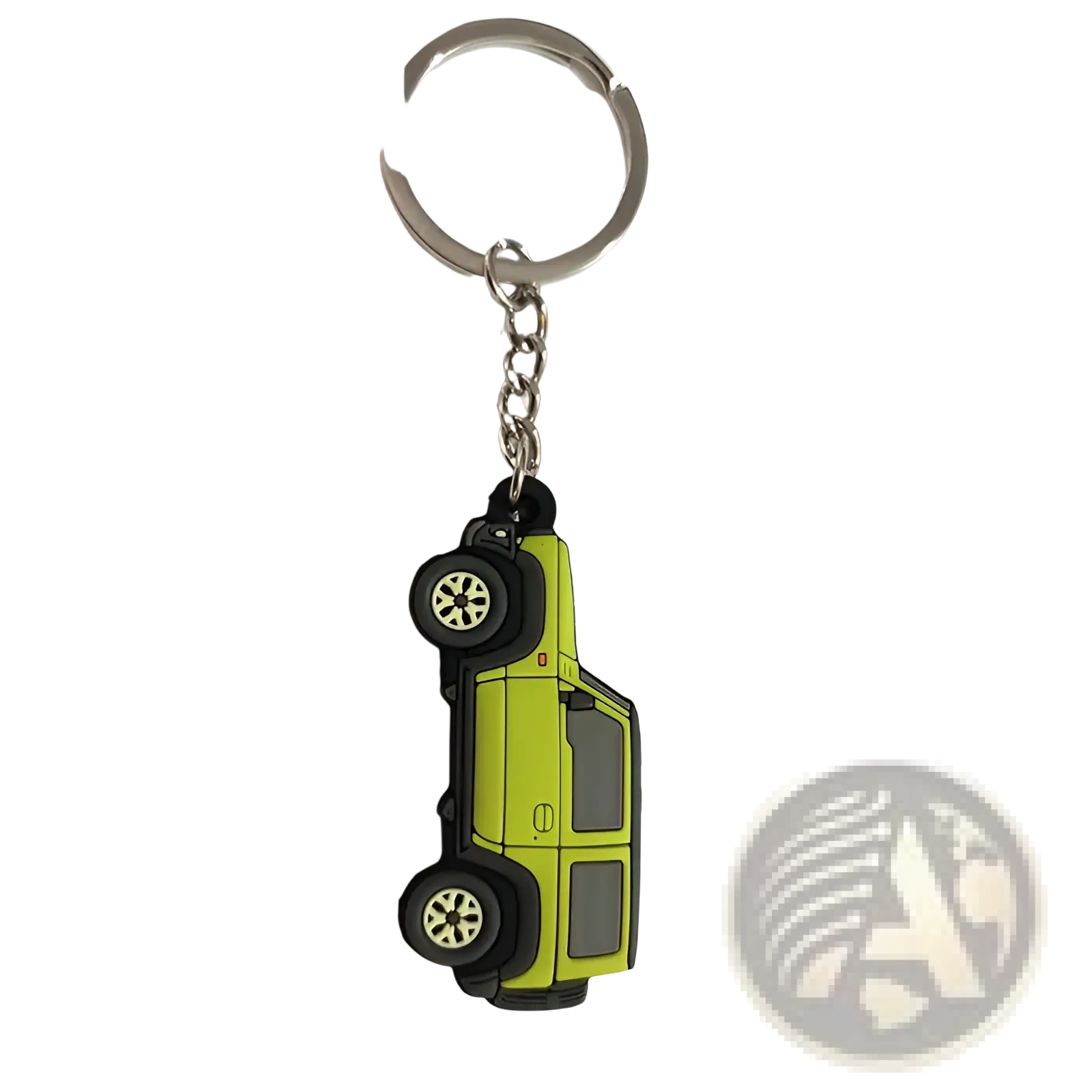 Lime green and black rubber suzuki jimny jb64 jb74 keychain shaped like a compact suv shown from the back side