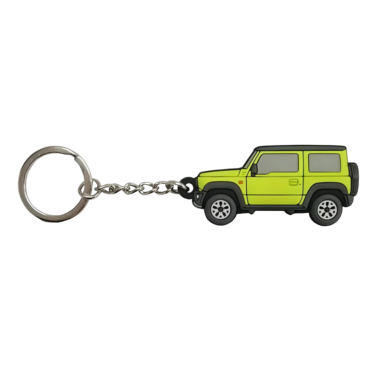Suzuki Jimny rubber keychain in lime green and black with silver metal ring and chain for JB64 JB74 models