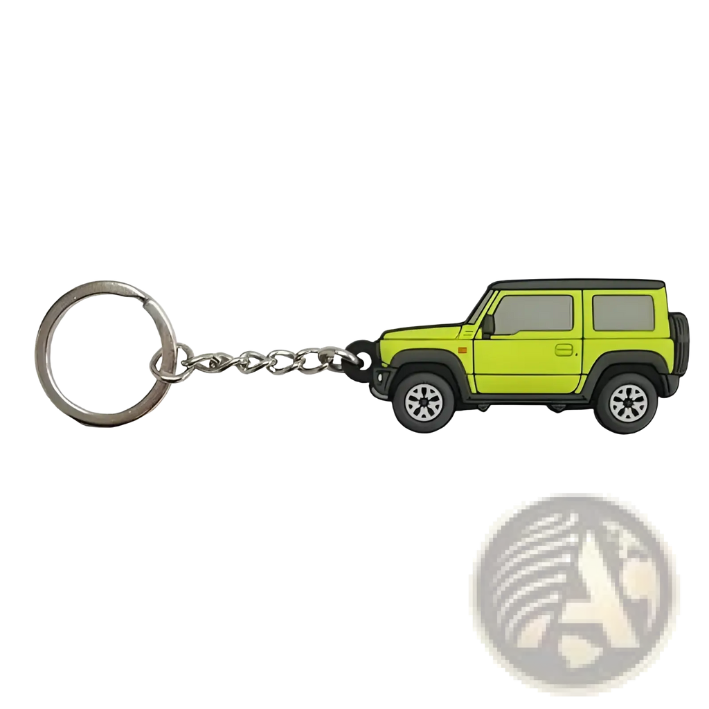 Suzuki Jimny rubber keychain jb64 jb74 in lime green and black with silver metal ring and chain