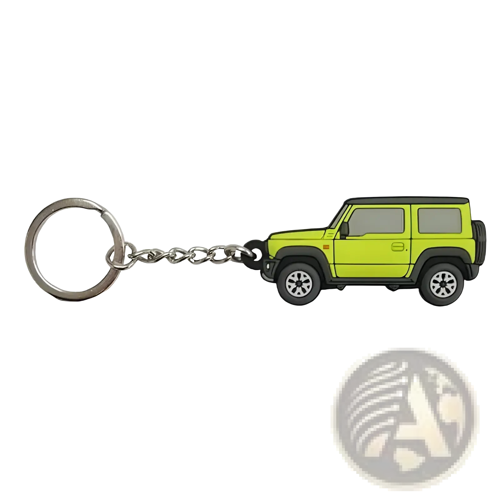 Suzuki Jimny rubber keychain jb64 jb74 in lime green and black with silver metal ring and chain