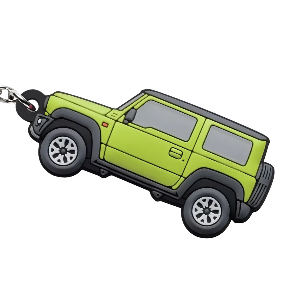 Vibrant lime green and black rubber Suzuki Jimny keychain modeled after jb64 and jb74 versions