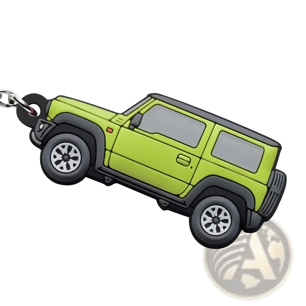 Vibrant lime green and black rubber Suzuki Jimny keychain modeled after jb64 and jb74 versions