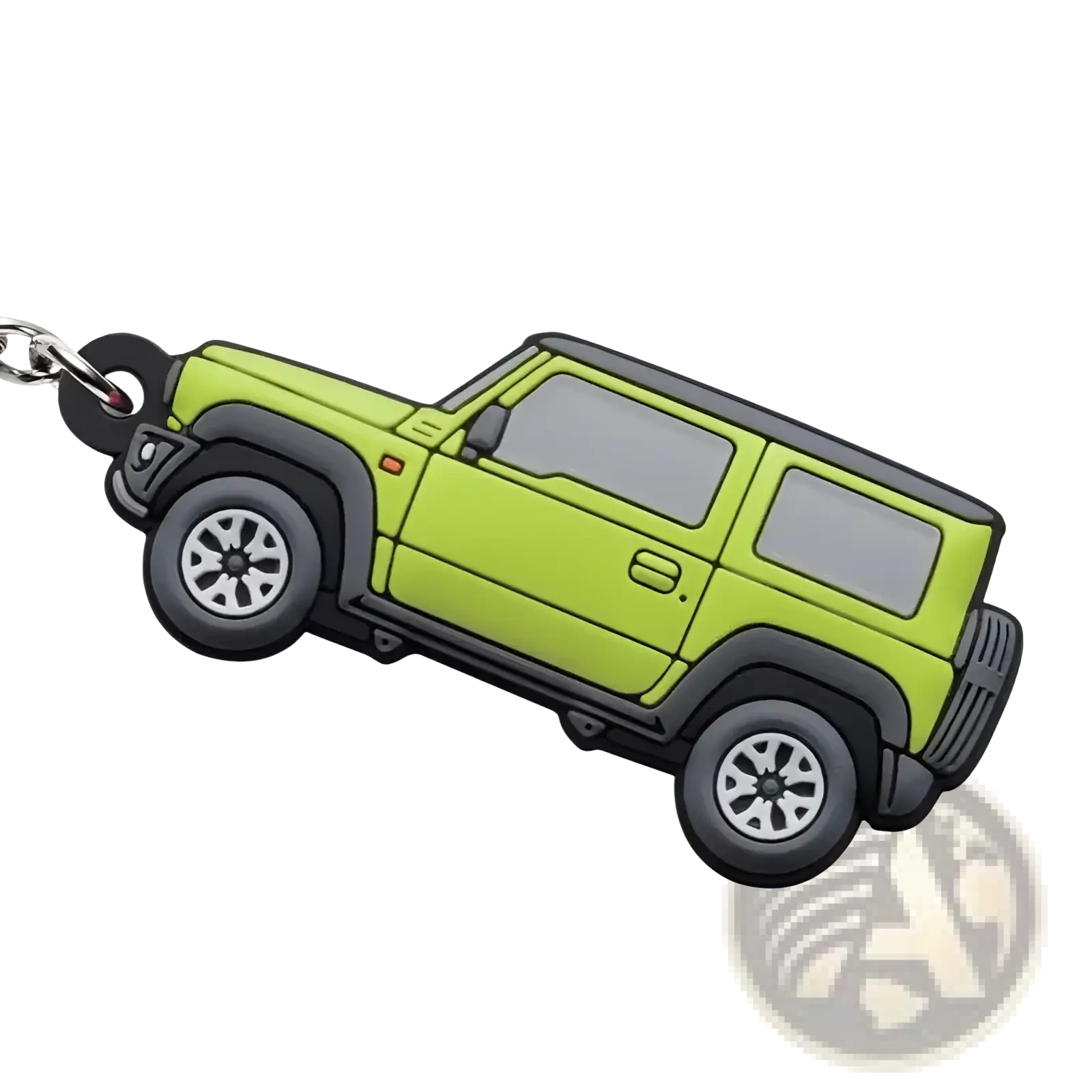 Vibrant lime green and black rubber Suzuki Jimny keychain modeled after jb64 and jb74 versions