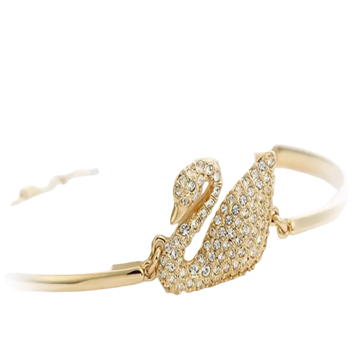 Gold-toned swan-shaped bangle bracelet adorned with clear crystals from the Swan Crystal Charm collection