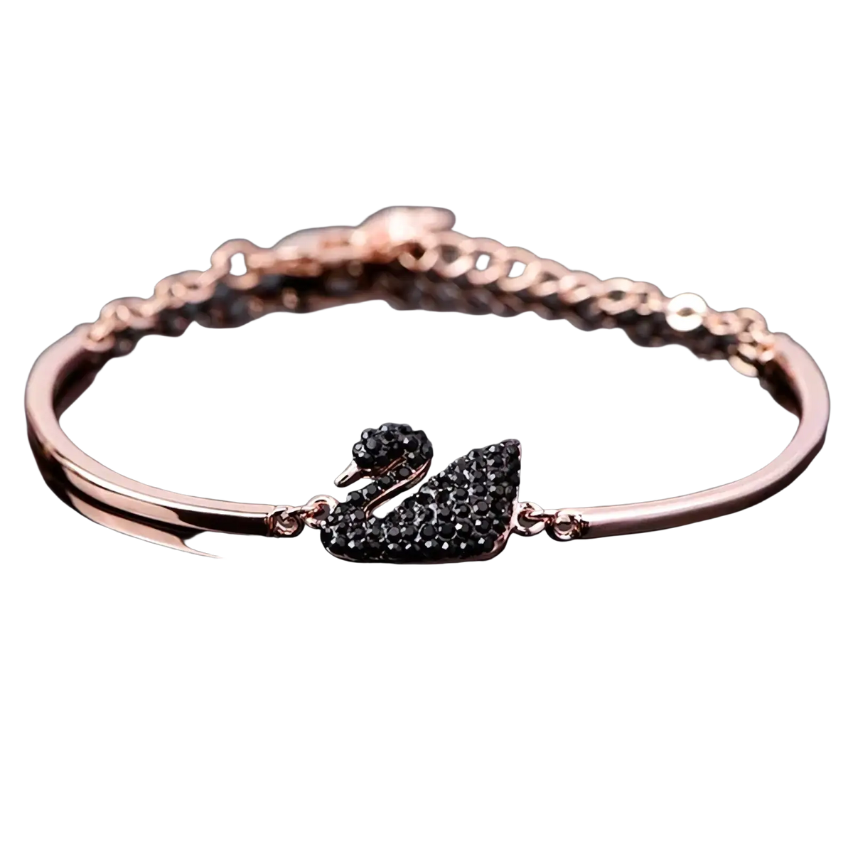 Rose gold-toned swan crystal charm bangle bracelet featuring a black crystal-encrusted swan charm