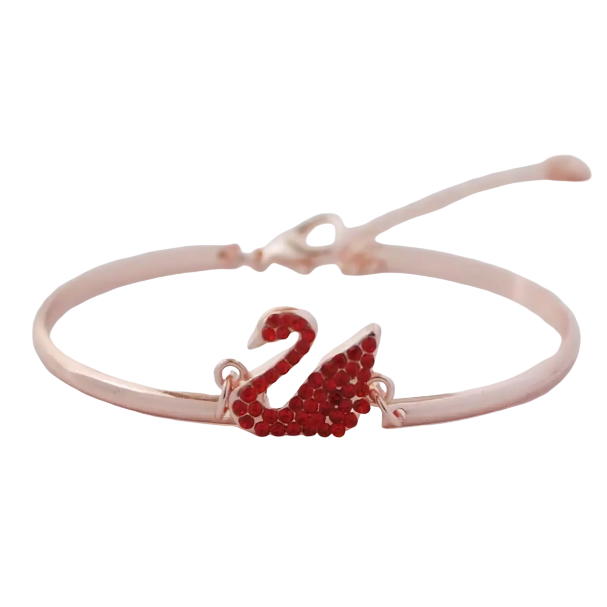 Rose gold-toned swan crystal charm bangle bracelet with a central swan charm adorned with red crystals