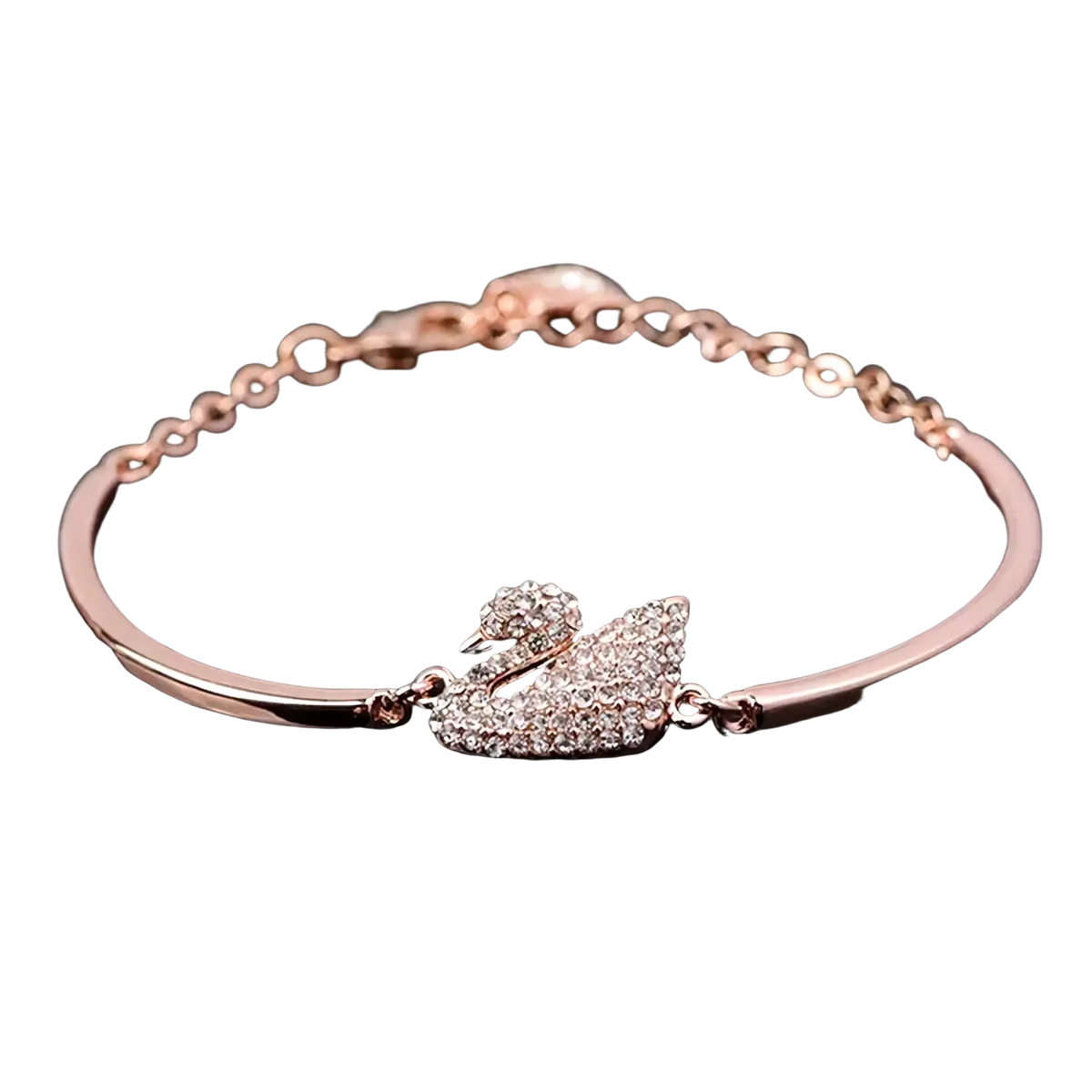 Rose gold-toned swan crystal charm bangle bracelet featuring a central swan charm encrusted with clear crystals