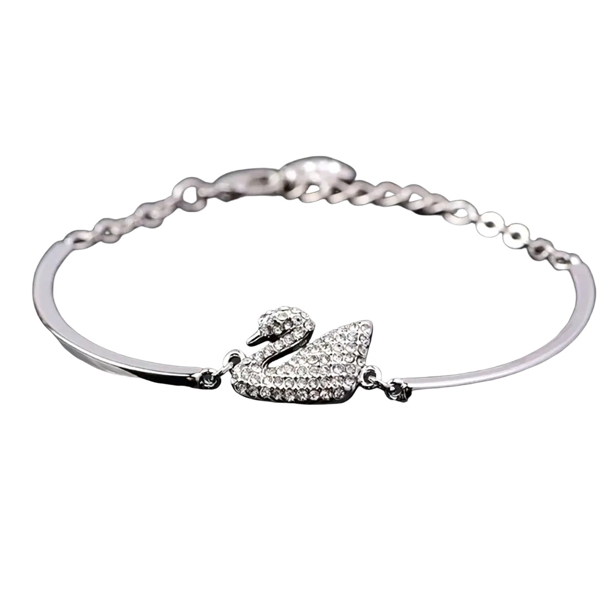 Silver swan crystal charm bangle bracelet with sparkling crystal detailing on a silver charm bracelet