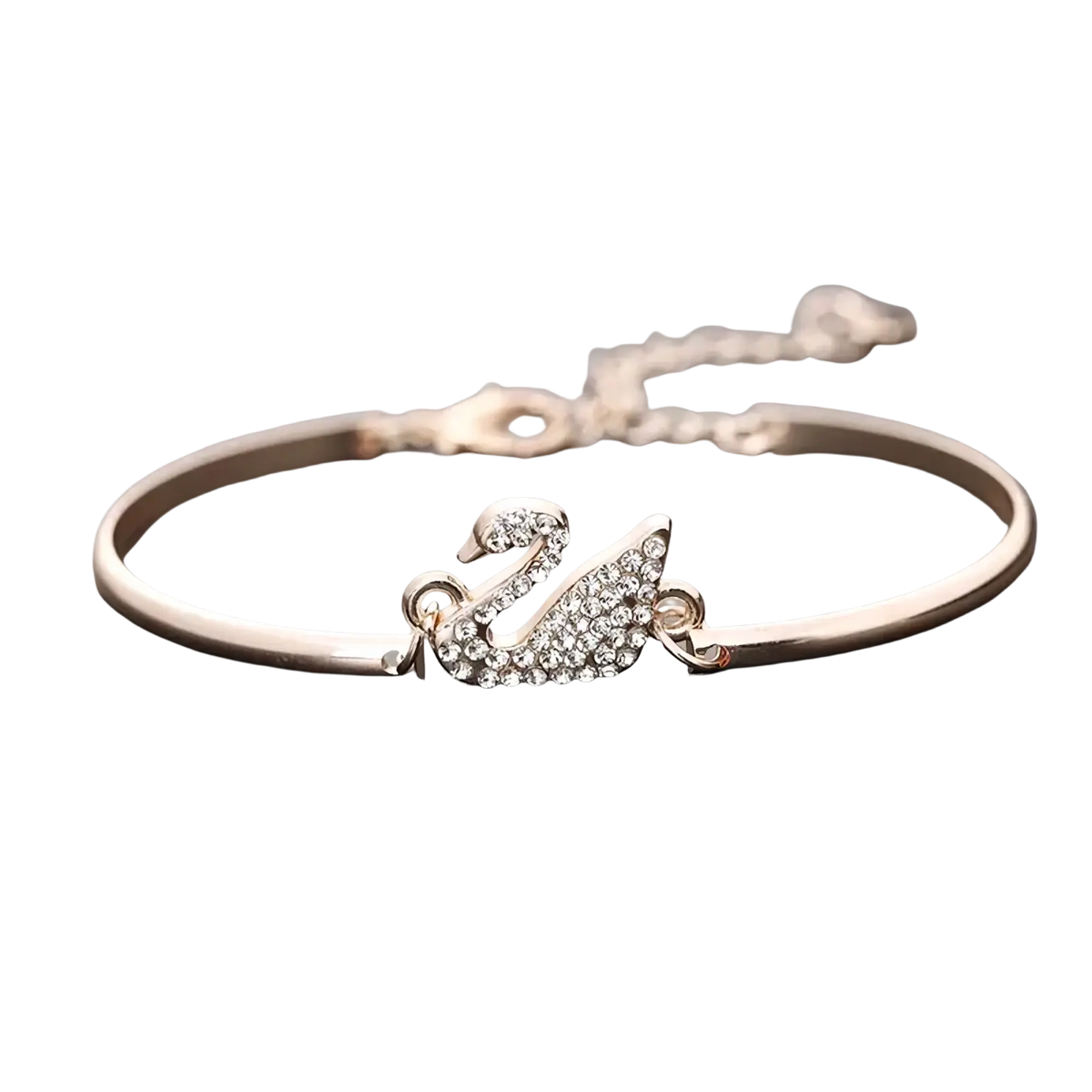 Silver swan-themed bangle bracelet adorned with sparkling clear crystals in an elegant charm design