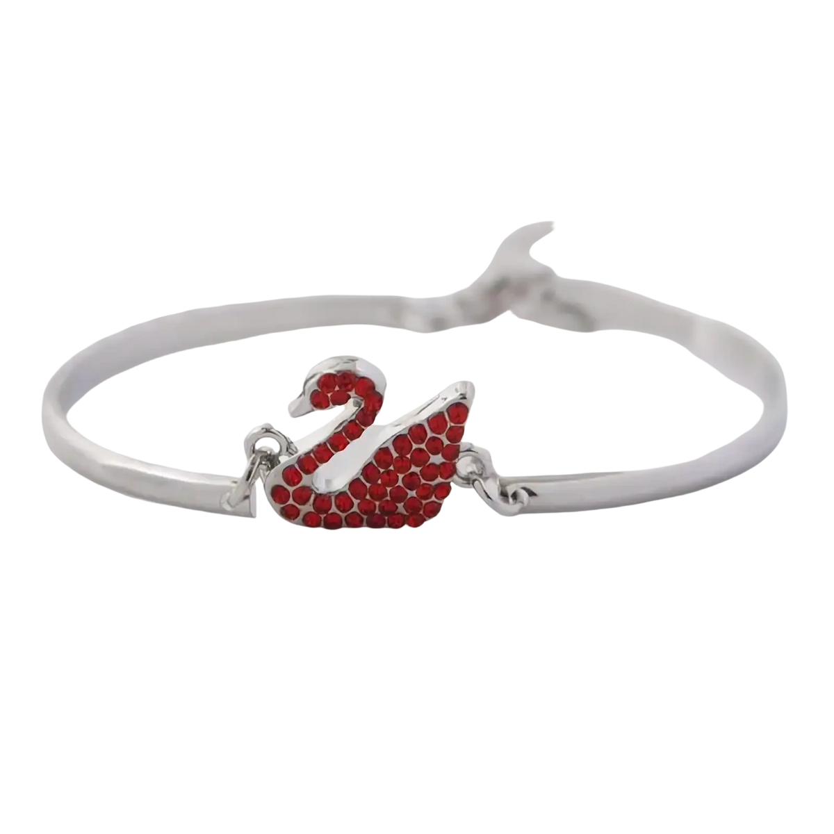 Silver-toned bangle bracelet with a central swan charm adorned with red rhinestones in swan crystal charm design