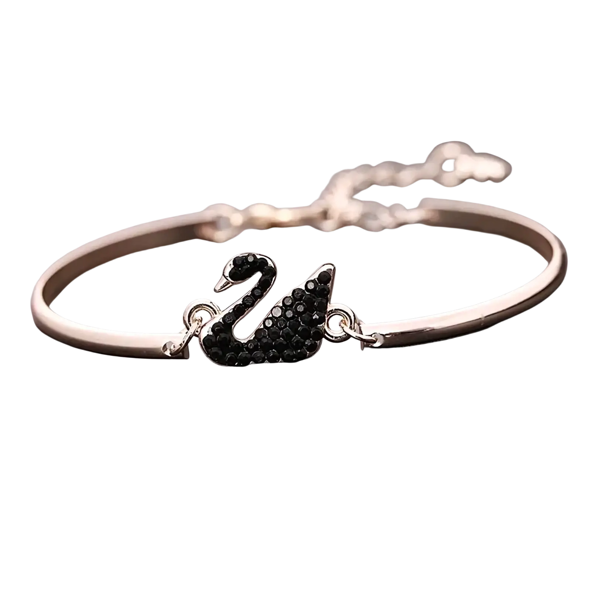 Silver-toned bangle bracelet with a black crystal-encrusted swan charm featuring elegant detailing