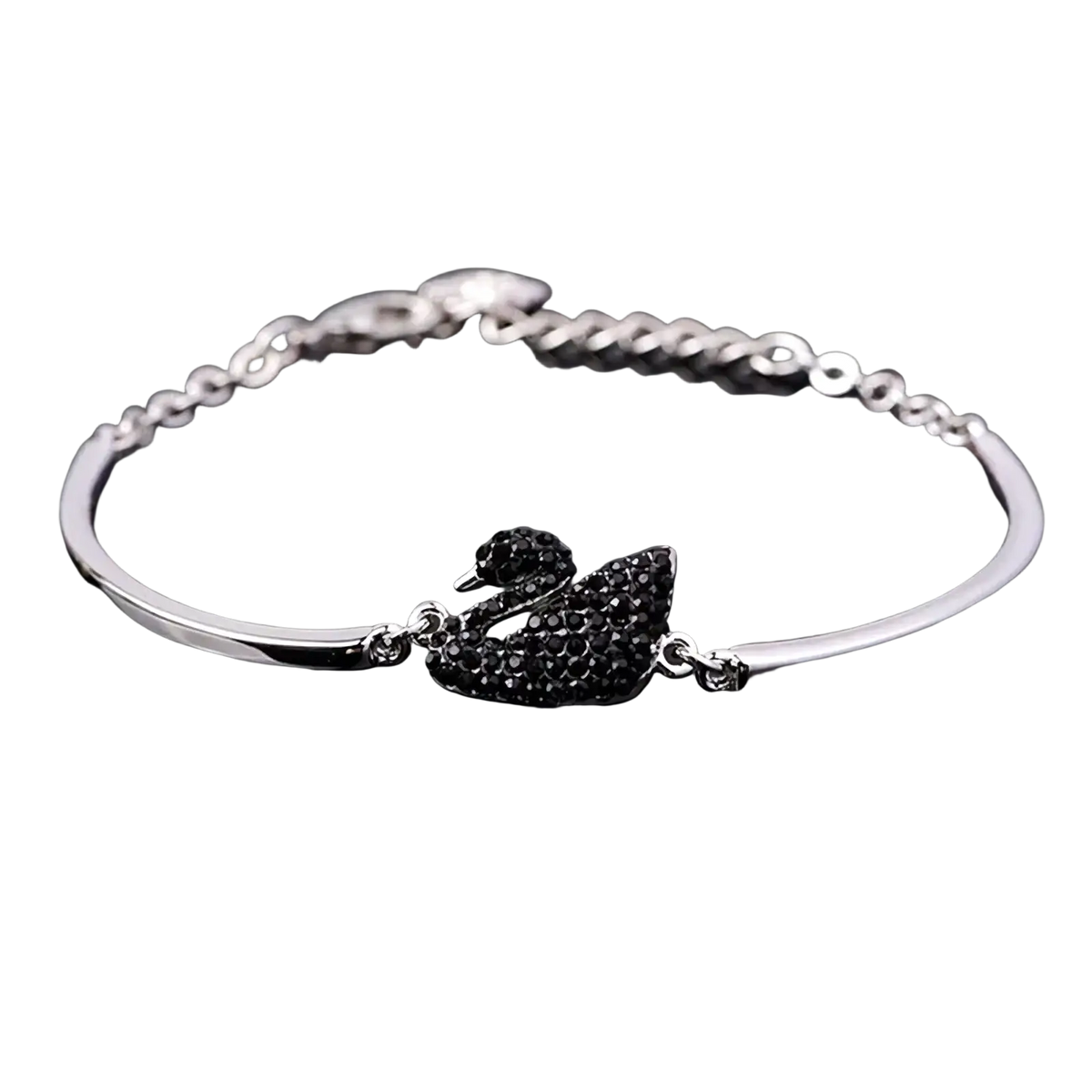 Silver-toned bangle bracelet featuring a black crystal-encrusted swan charm for elegant accessory wear