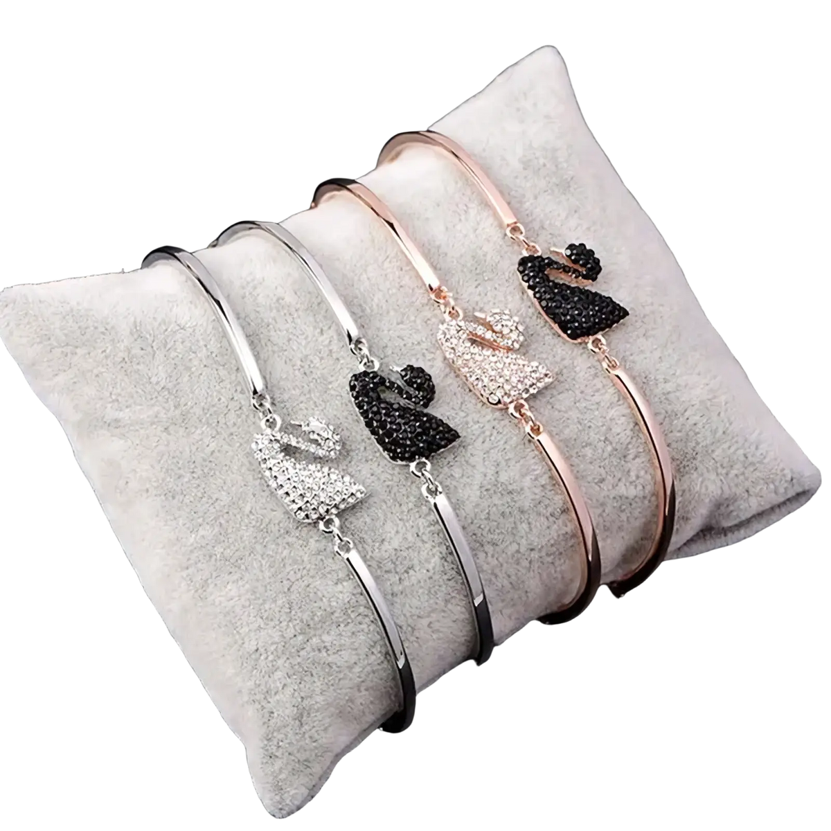 Three elegant swan crystal charm bangle bracelets in silver, rose gold, and black with rhinestone accents