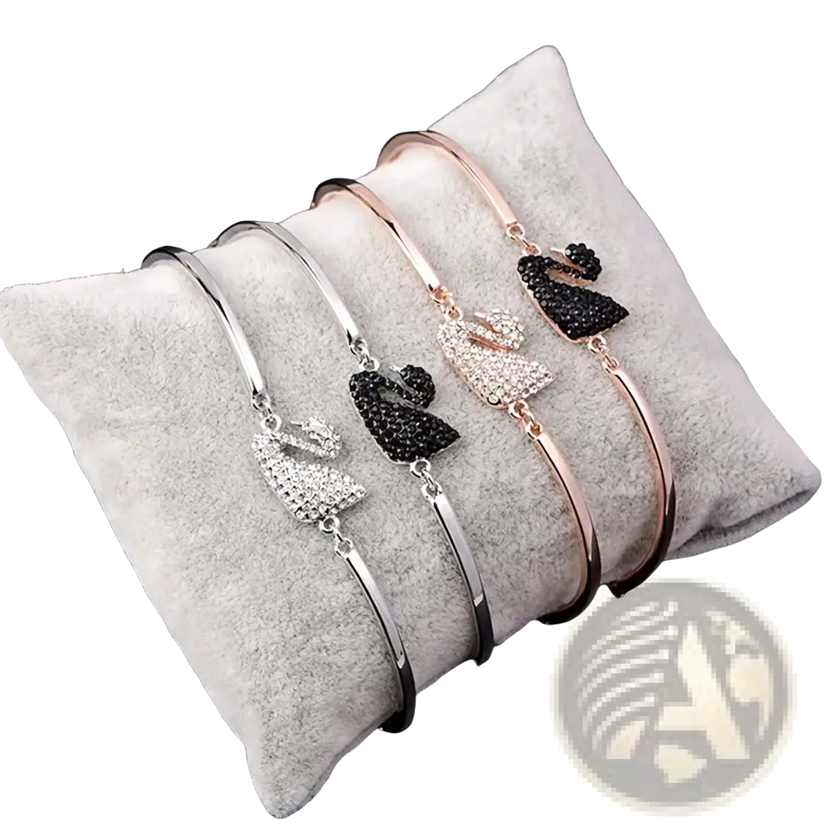 Three elegant swan crystal charm bangle bracelets in silver, rose gold, and black with rhinestone accents