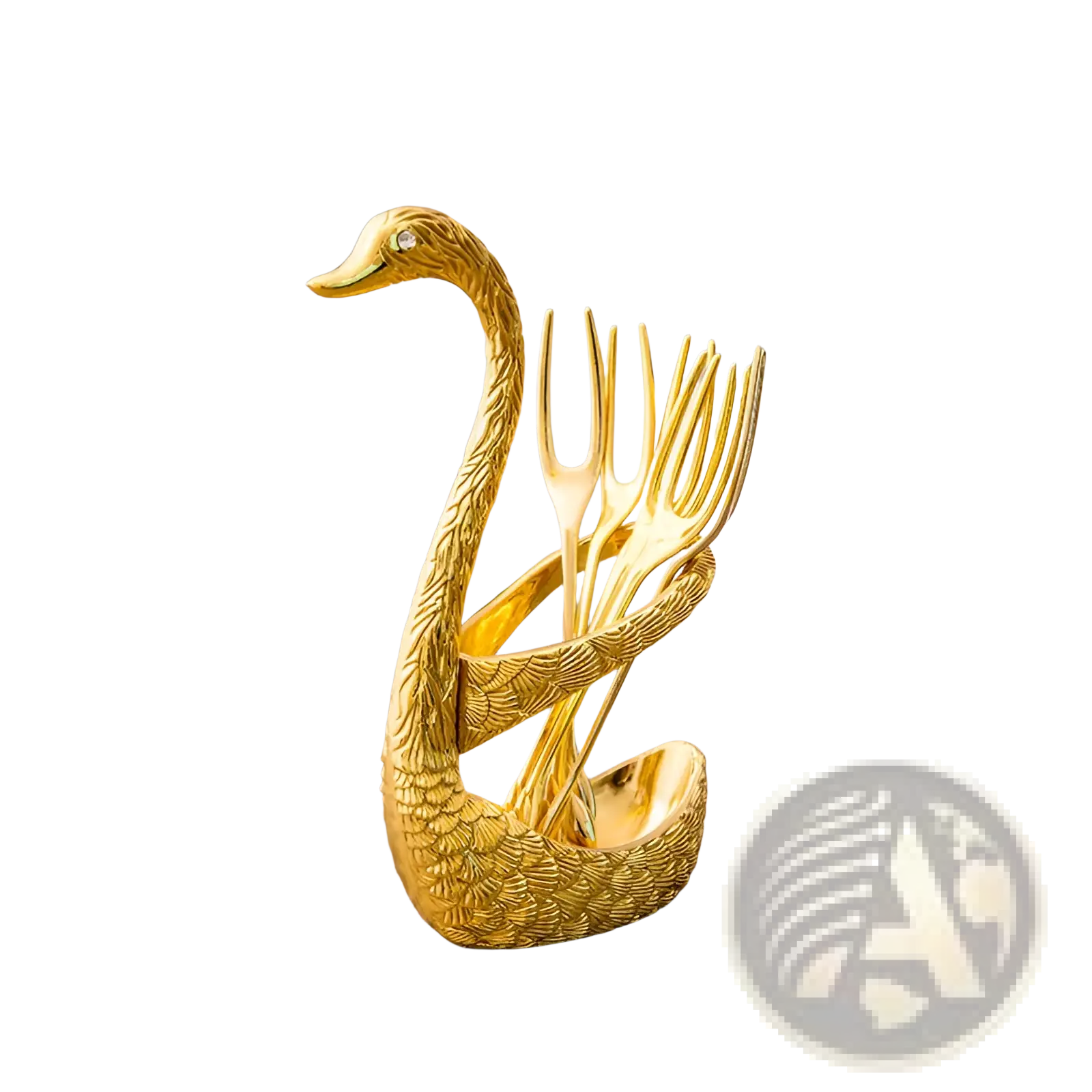 Gold swan-shaped utensil holder with detailed feather texture and diamond accent holding gold forks from swan cutlery set