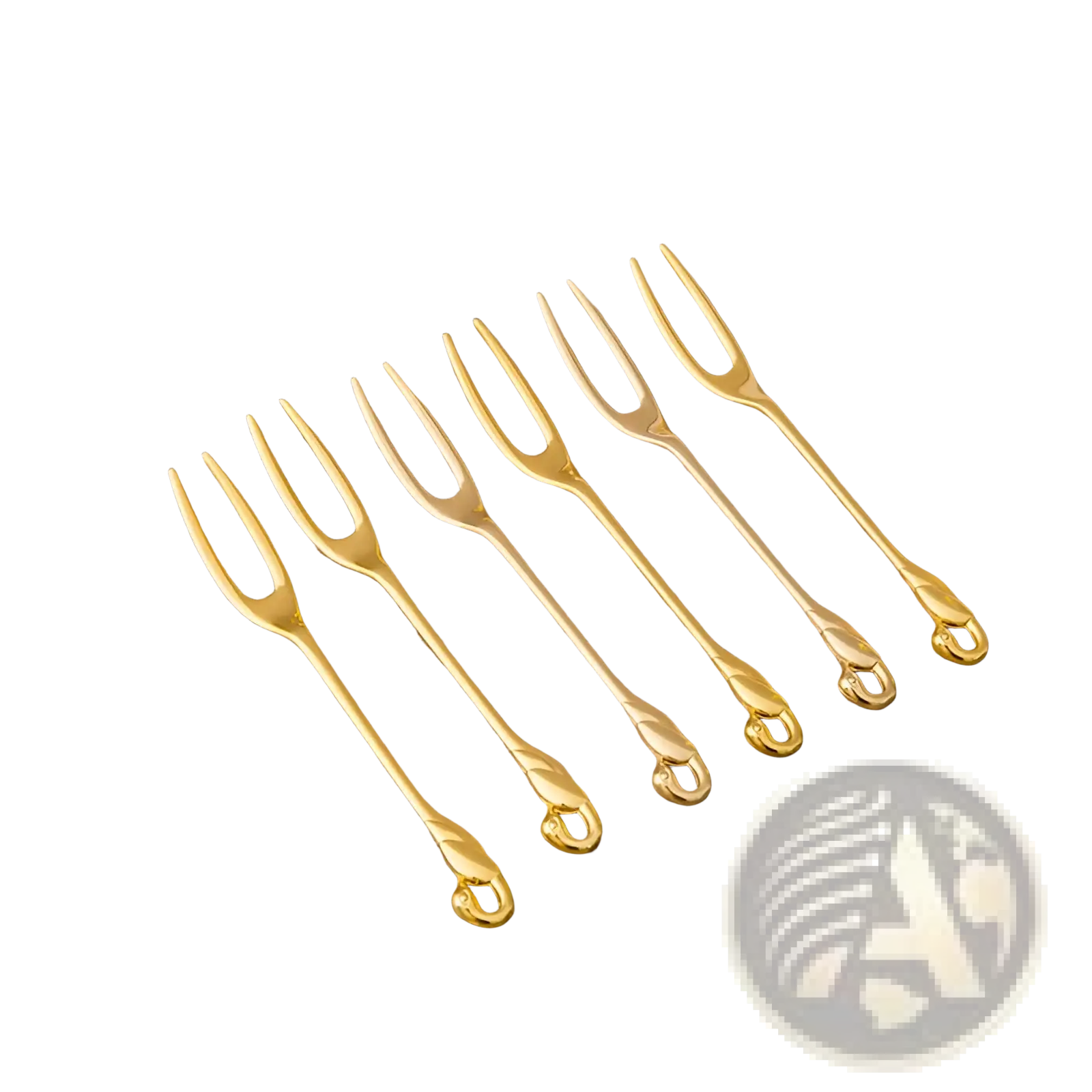 Set of six elegant gold-toned metal dessert forks from Swan Cutlery Set with ornate twisted handles and rounded ends