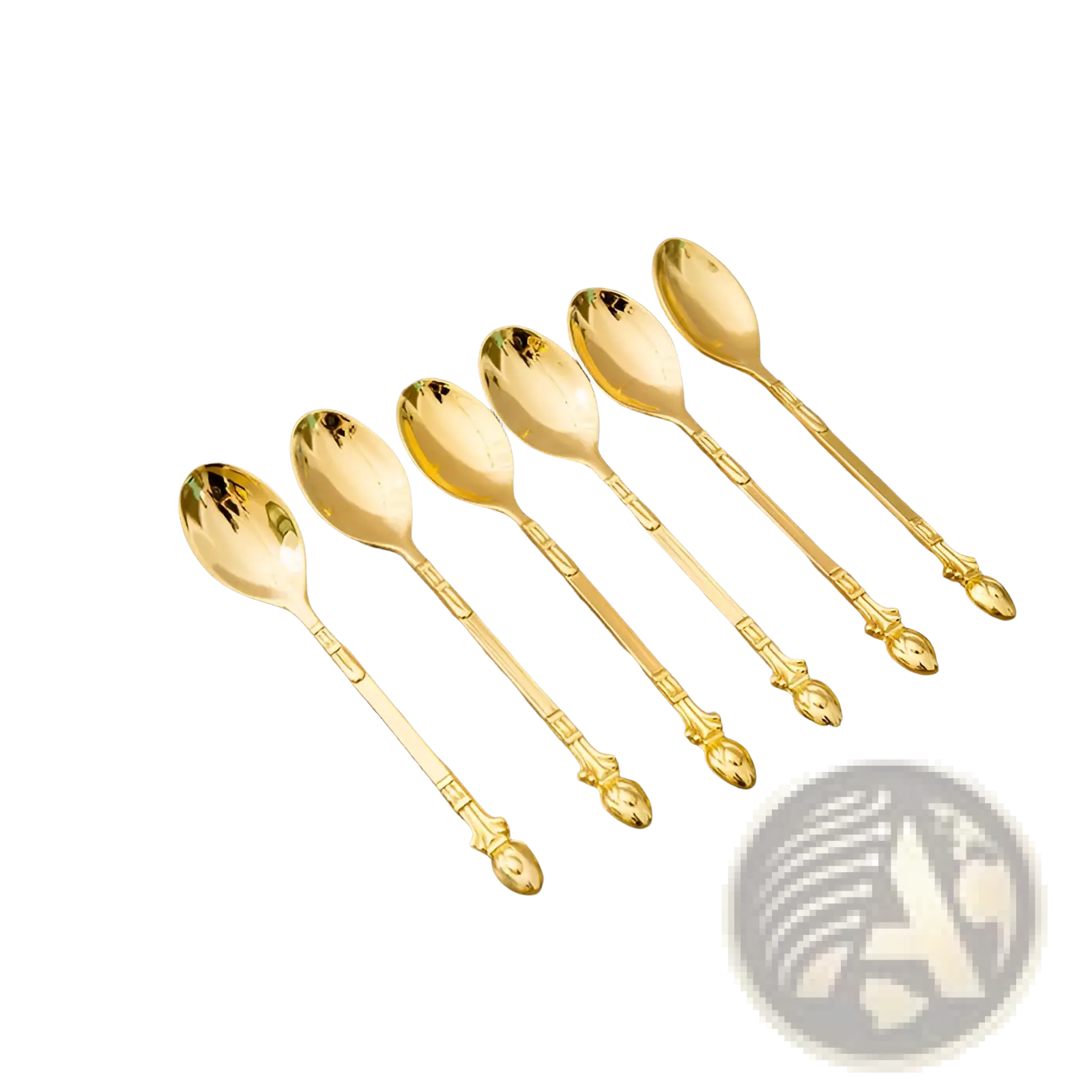 Set of six elegant gold-toned metal Swan cutlery teaspoons with ornate decorative handles for dessert use