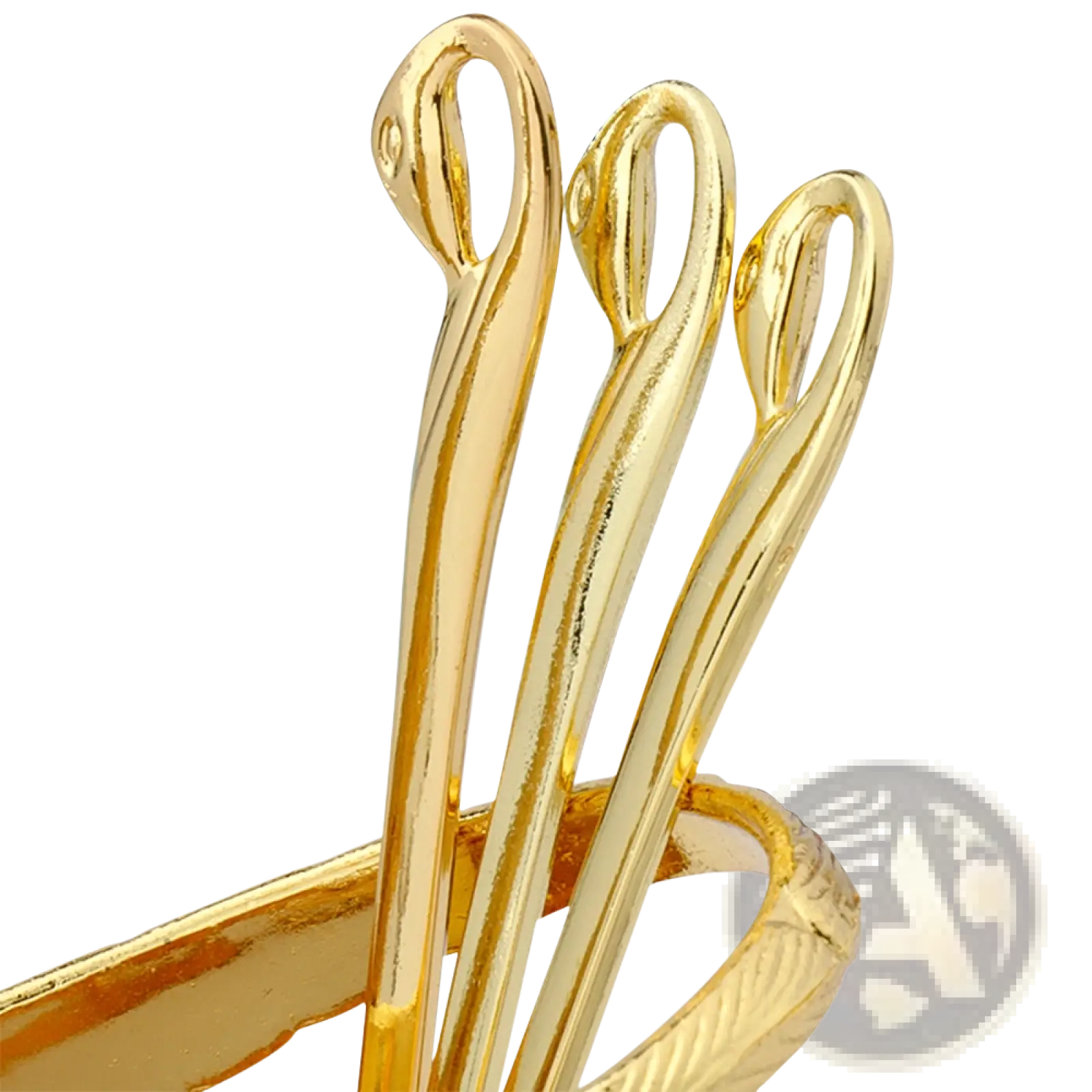 Golden metal hairpins with elegant curved designs complement the swan cutlery set gold dessert spoons and forks