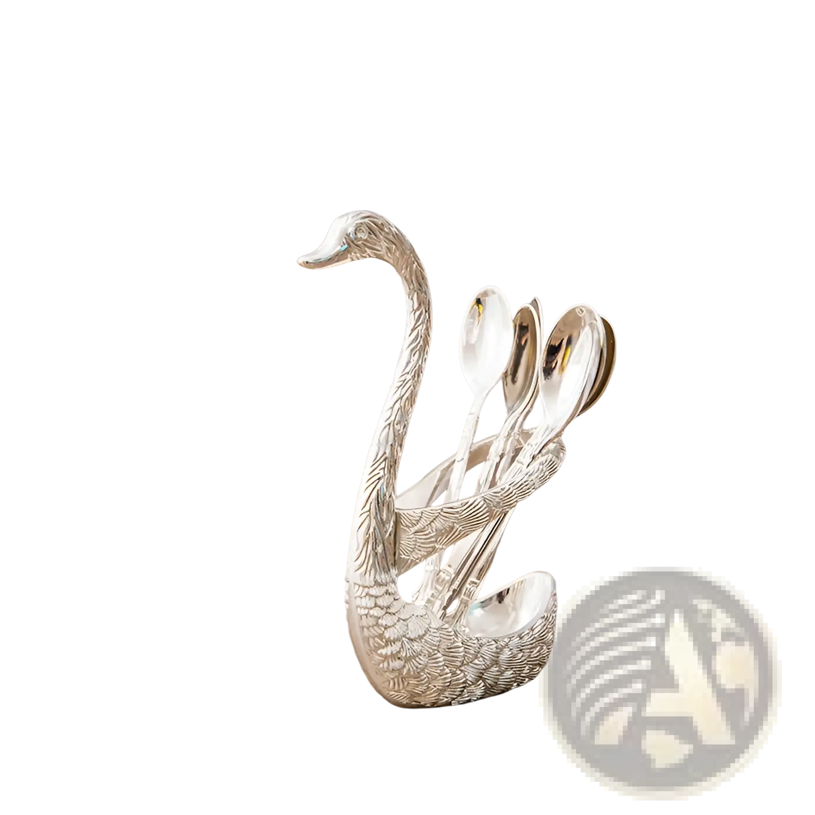 Silver swan-shaped spoon holder with detailed feather texture holding four polished spoons for swan cutlery set gold dessert spoons and forks