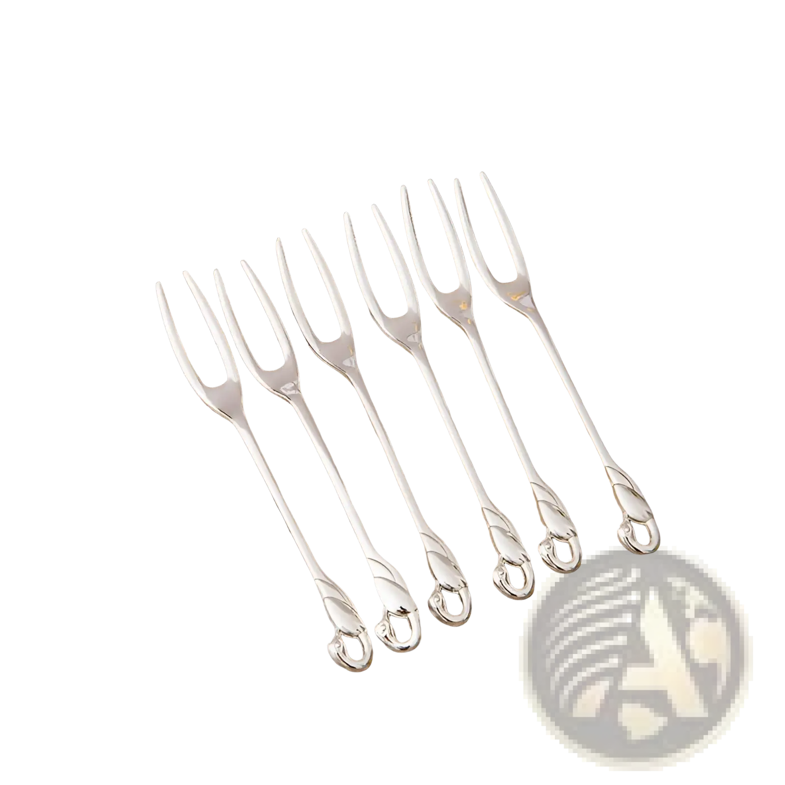 Set of six silver-plated dessert forks with ornate twisted handles from Swan Cutlery Set gold collection