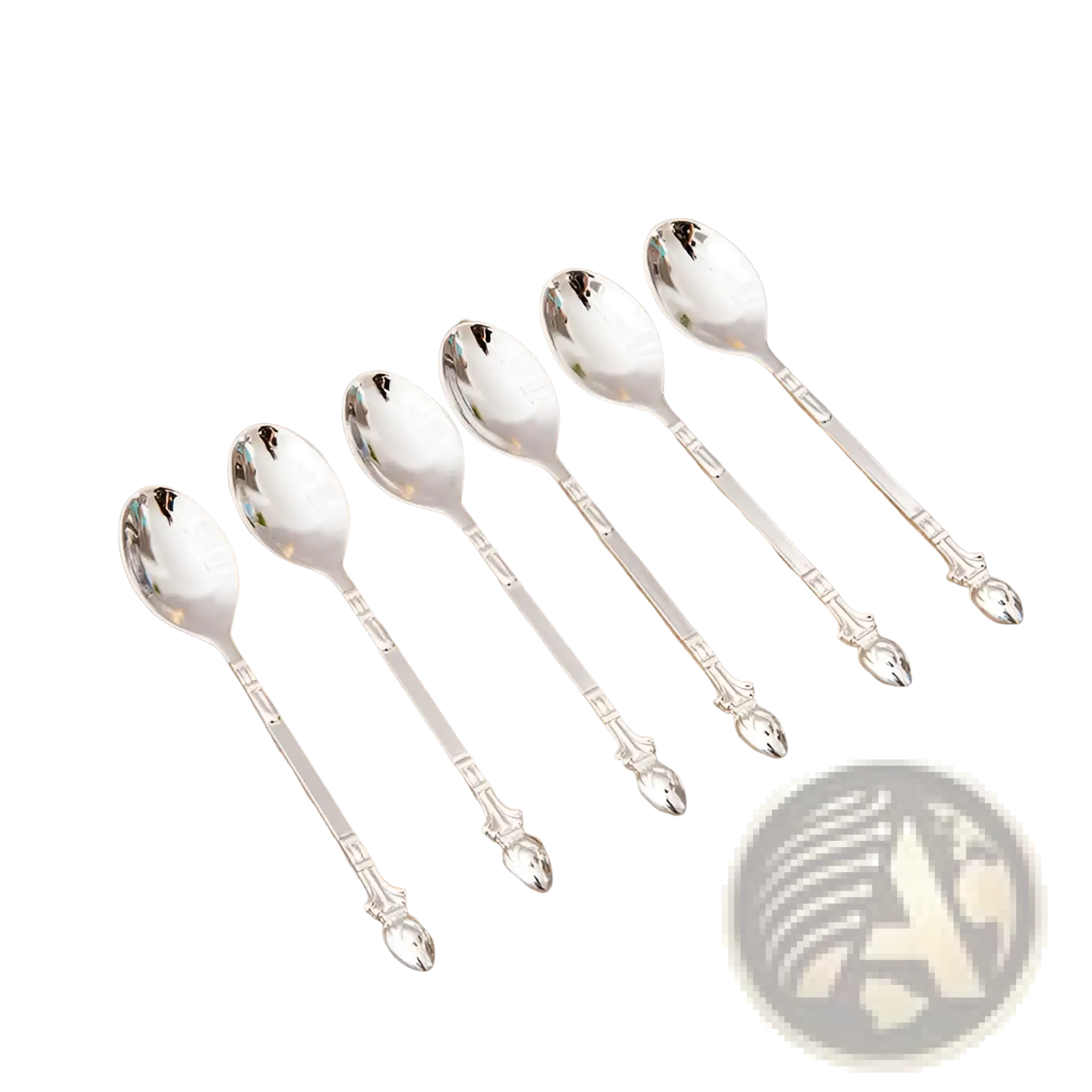 Set of six silver-toned teaspoons with ornate decorative handles from the Swan Cutlery Set gold dessert collection