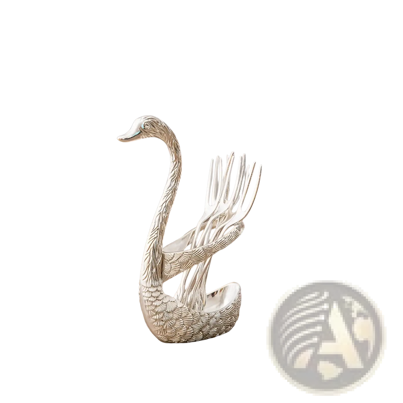 Silver swan-shaped fork holder with detailed feather texture and curved neck holding gold dessert forks from swan set