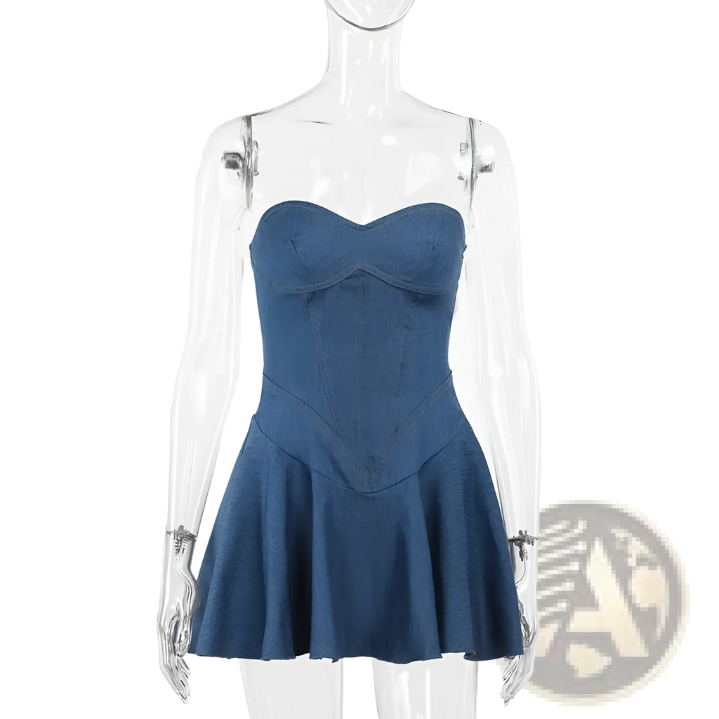 Navy blue denim corset mini dress with sweetheart neckline and flared skirt for a stylish casual look